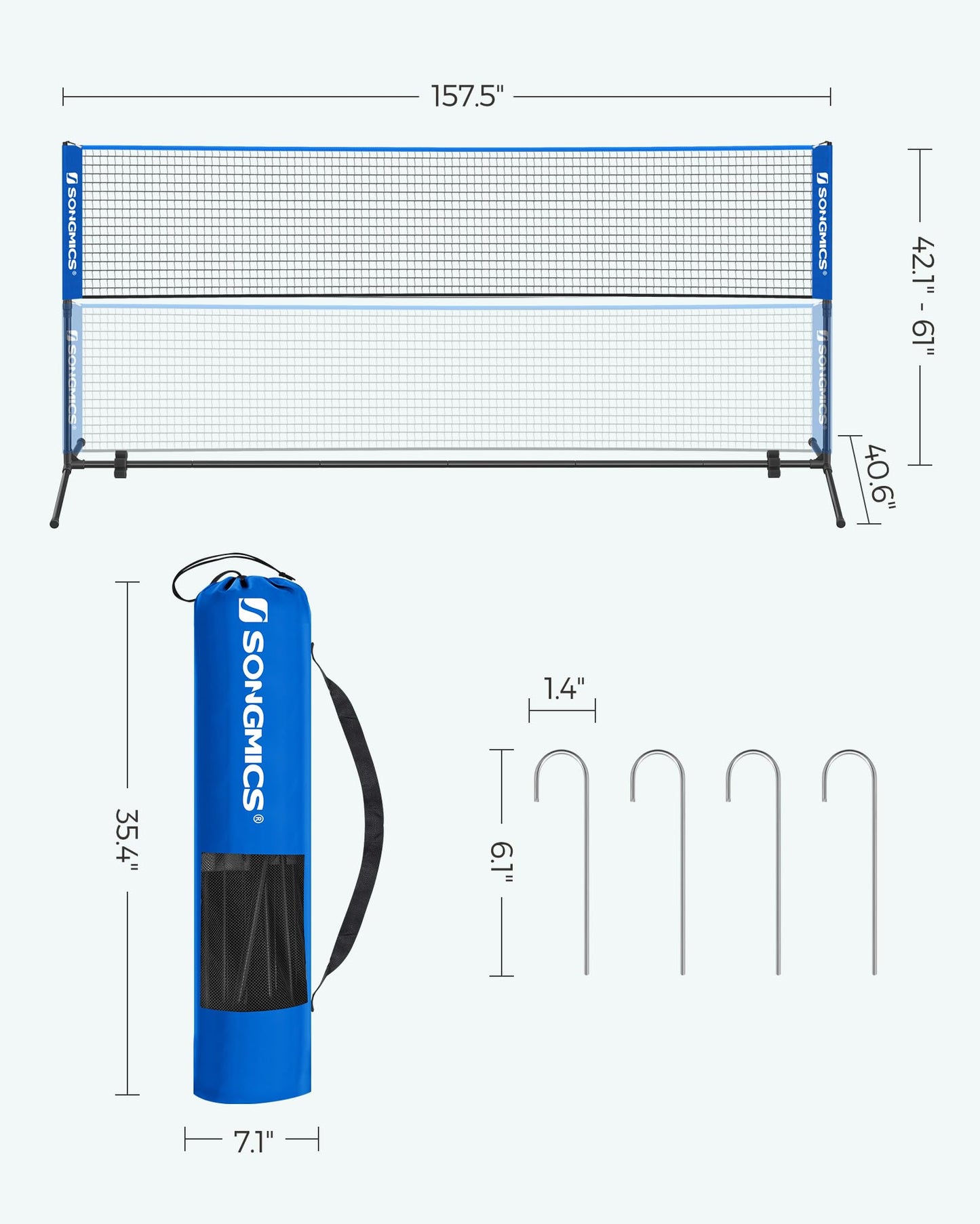 SONGMICS 13 ft Badminton Net, Height Adjustable Volleyball Net, Pickleball Net with Poles, Foldable Nylon Net for Tennis Indoor Outdoor Court, Blue Black USYQ400