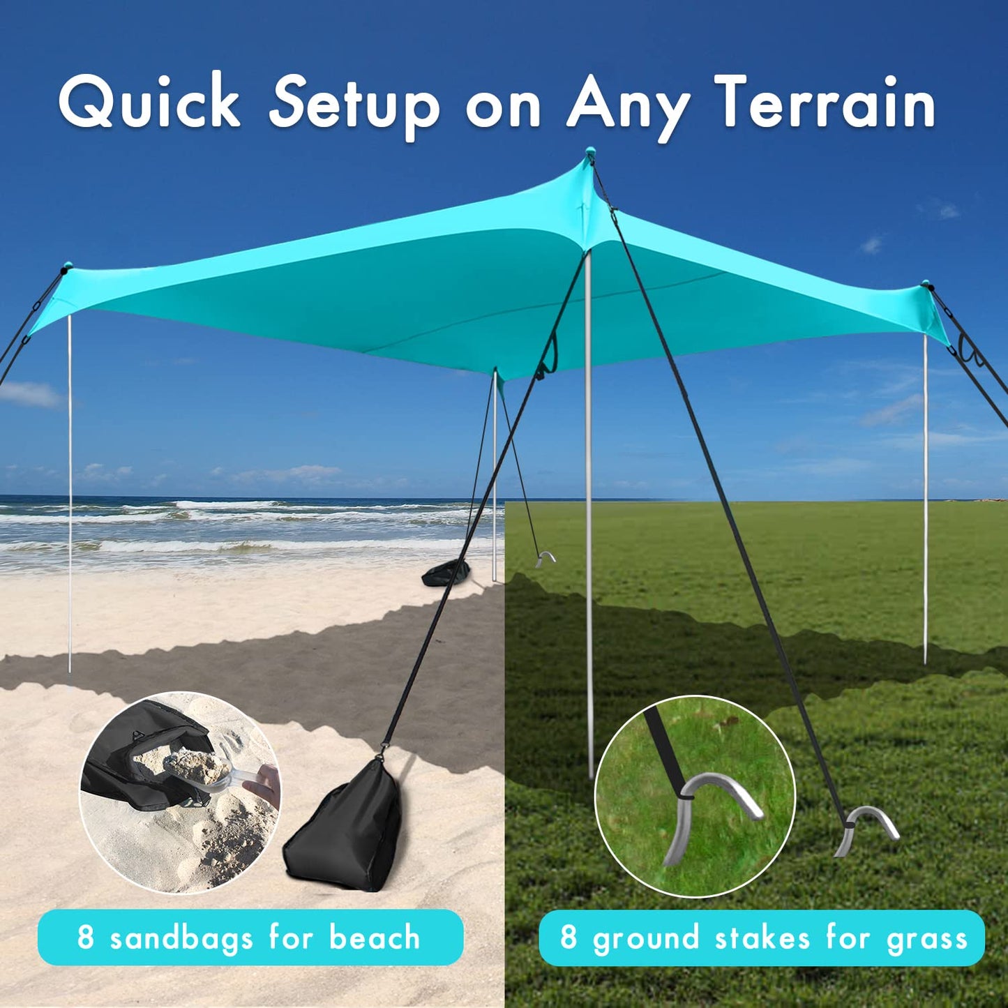 Easierhike Beach Shade Windproof Design, Sun Shelter UPF50+ Portable Family Canopy Tent with 8 Sandbag Anchors 10x10 FT 4 Poles Pop Up Outdoor Shelter for Beach, Camping, Fishing, Backyard and Picnics
