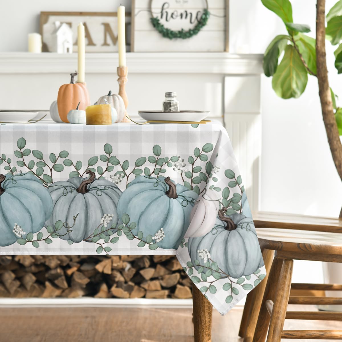 Horaldaily Fall Tablecloth 60x84 Inch Rectangular, Thanksgiving Autumn Harvest Blue Pumpkin Buffalo Plaid Table Cover for Party Picnic Dinner Decor