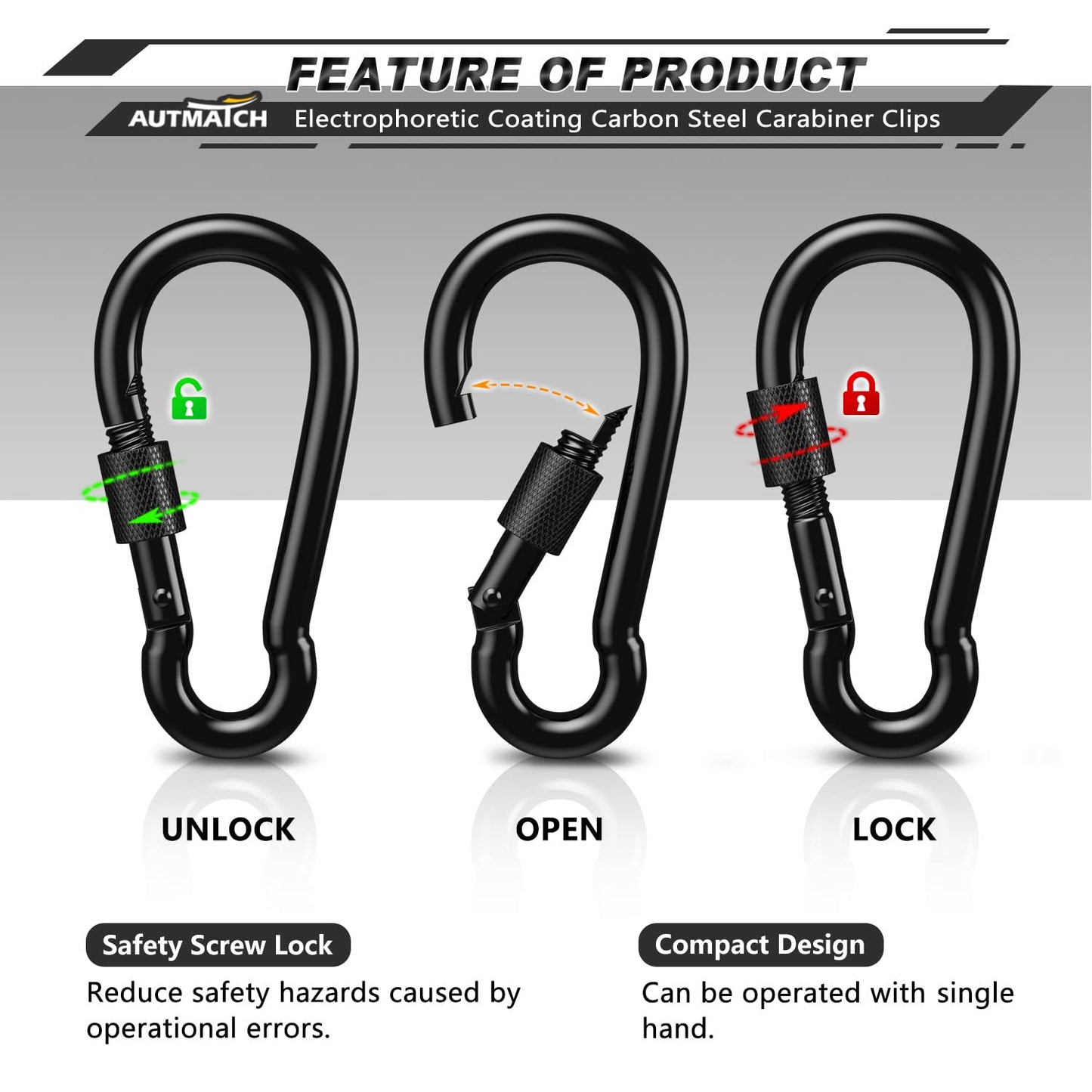 AUTMATCH Carabiner Clips, 3" Carbon Steel Spring Snap Hook Caribeener Clips Buckle Pack Grade Heavy Duty Carabiners Quick Link for Camping, Fishing, Hiking, Traveling, Locking Black, 4 Pack