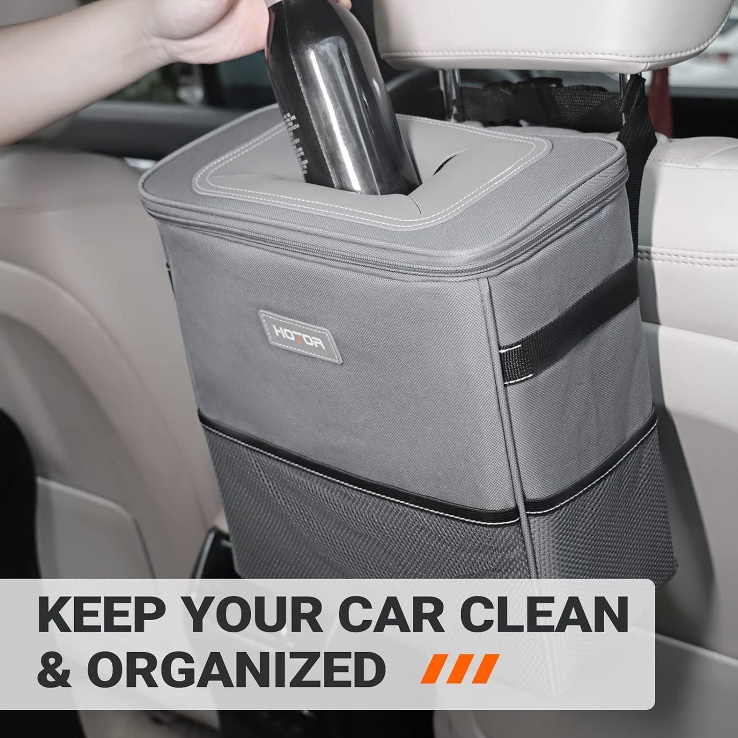 HOTOR Car Trash Can, Multifunctional Car Accessory for Interior Car Stuff Storage with Compact Design, Waterproof Car Organizer and Storage with Adjustable Straps, Magnetic Snaps, 2 Gallons, Gray