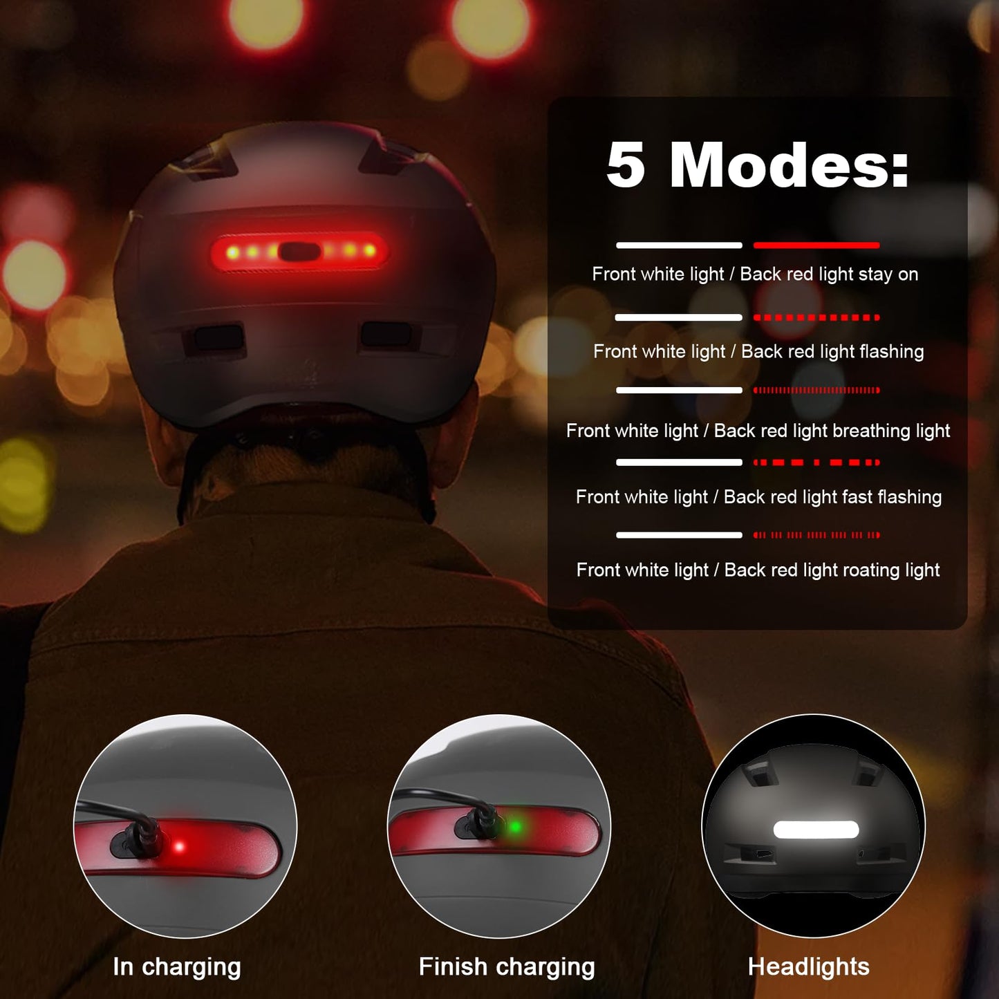 Bike Helmet, Shinmax Adult Cycling Helmet with USB Rechargeable LED Front and Back Light Bicycle Helmets for Men Women (Black, Large)