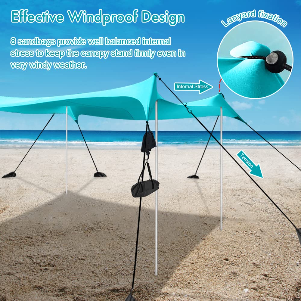 Easierhike Beach Shade Windproof Design, Sun Shelter UPF50+ Portable Family Canopy Tent with 8 Sandbag Anchors 10x10 FT 4 Poles Pop Up Outdoor Shelter for Beach, Camping, Fishing, Backyard and Picnics