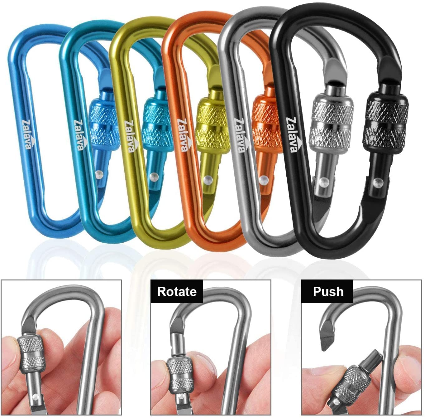 Zalava 6pcs 2โD-Clip Durable Locking Carabiner Keychain Clip with Hook