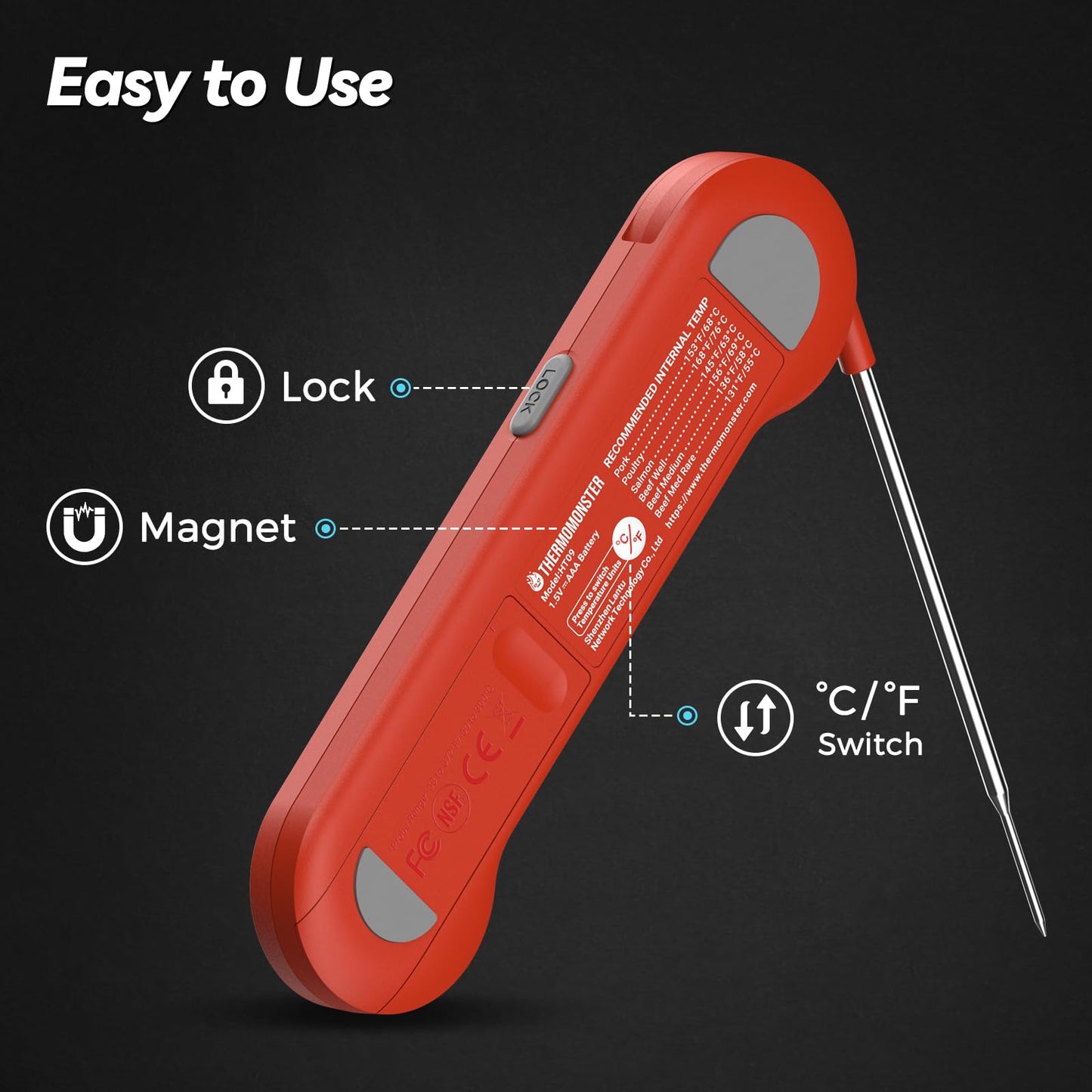 0.5 Sec Instant Read Meat Thermometer Digital with ±0.5℉ Precision, 100% Waterproof Auto Flip Bright LCD Screen, Motion Sensing Food Thermometer for Cooking Kitchen Oven Grill Candy BBQ, Red