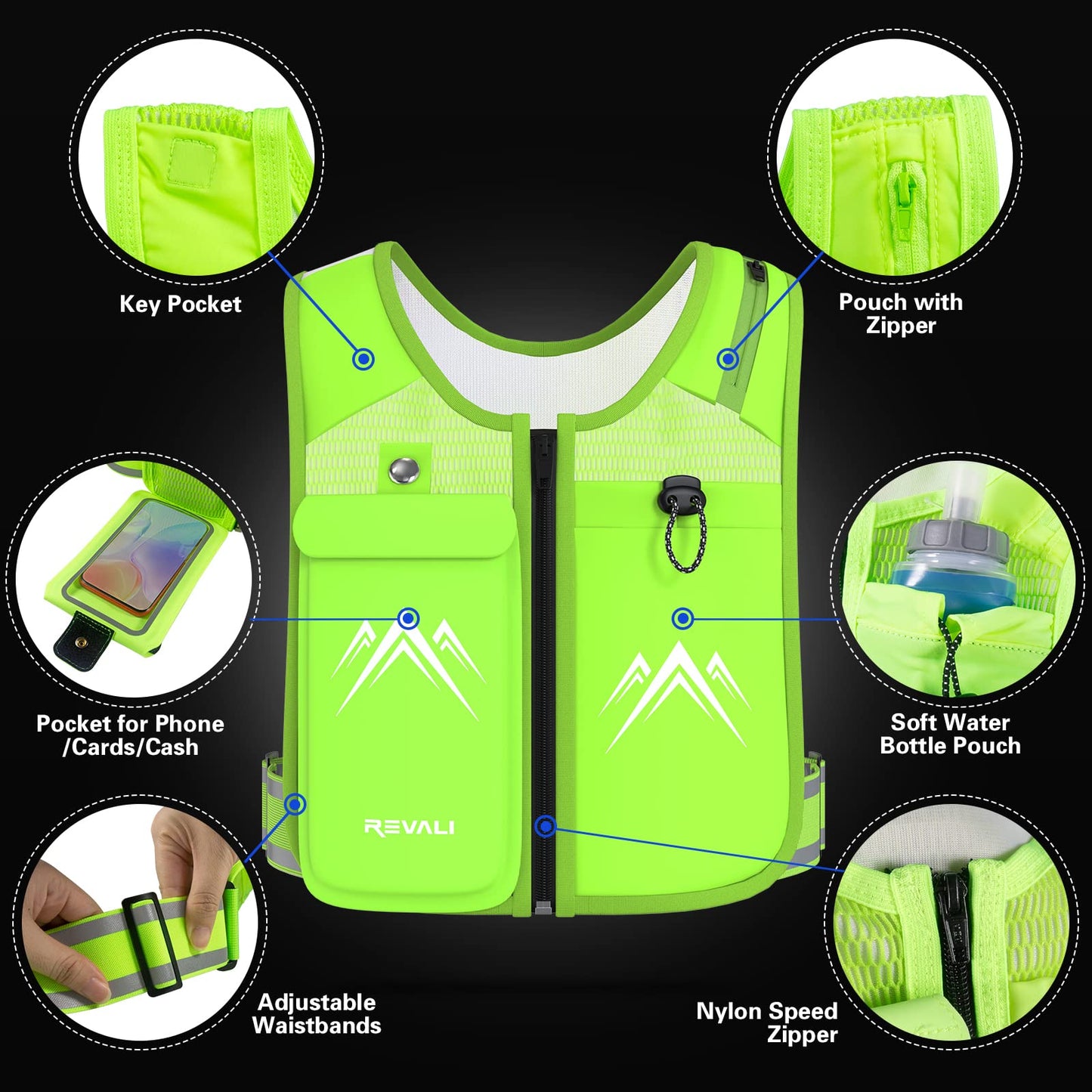 REVALI Running Vest, USA Original Patent, Zip Reflective Running Vests with 500ml Hydration Bottle, Adjustable Waistband & Breathable Material, Chest Pack Gear Phone Holder for Running, Men & Women
