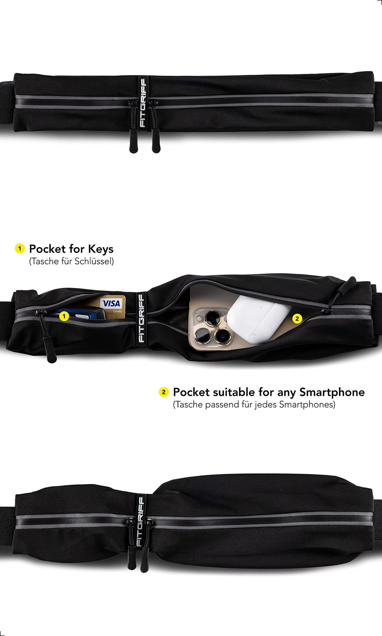 Fitgriff® Running Belt for Men & Women - Secure Jogging Pouch for Phone, Keys & Essentials - For All Cell Phones (Black, 24.5" - 35.5" Waist Size)