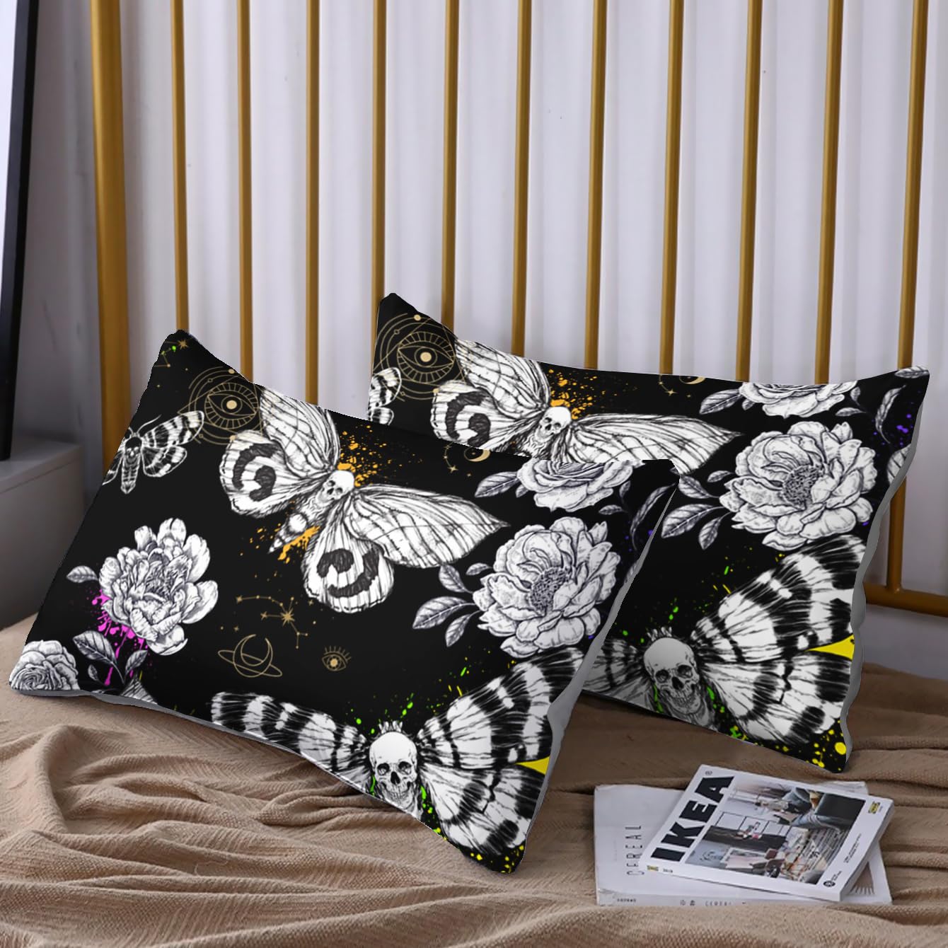 HOSIMA Death Moth Skull Heads Fitted Sheets Queen Bedroom Set Horror Theme Halloween Bedding,Goth Bedding Butterfly Bed Set for Adults Boys Girls Room Decor Floral Sheets Deep Pocket.