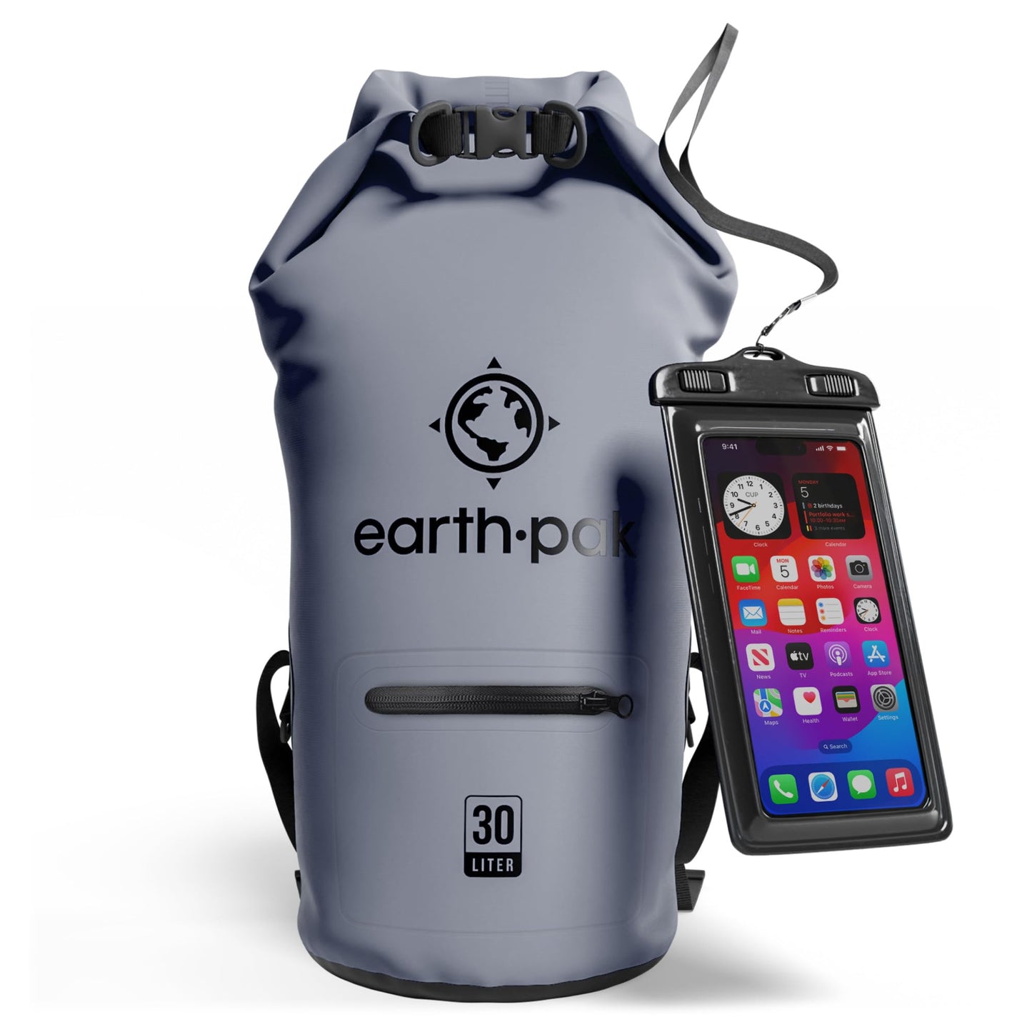 Earth Pak Waterproof Dry Bag with Zippered Pocket - Waterproof Dry Bag Backpack Keeps Gear Dry for Boating, Camping, Fishing, Beach Drybag, Kayak Accessories - Dry Bags Waterproof with Phone Case 30L