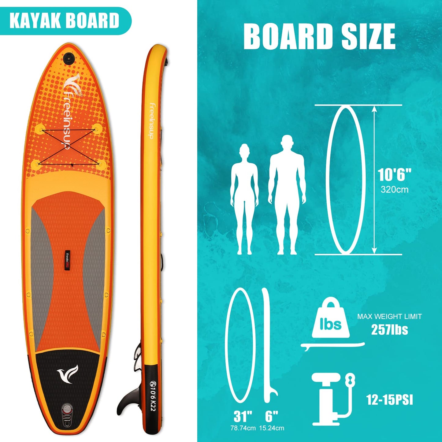 Freein Inflatable Stand Up Paddle Board ,Capacity 2-in-1 SUP/Kayak with Adjustable Seat ,Electric Pump Adapter ,Non-Slip Diamond Deck & Travel Backpack ,for Adults/Fishing/Yoga(Yellow,10'6"