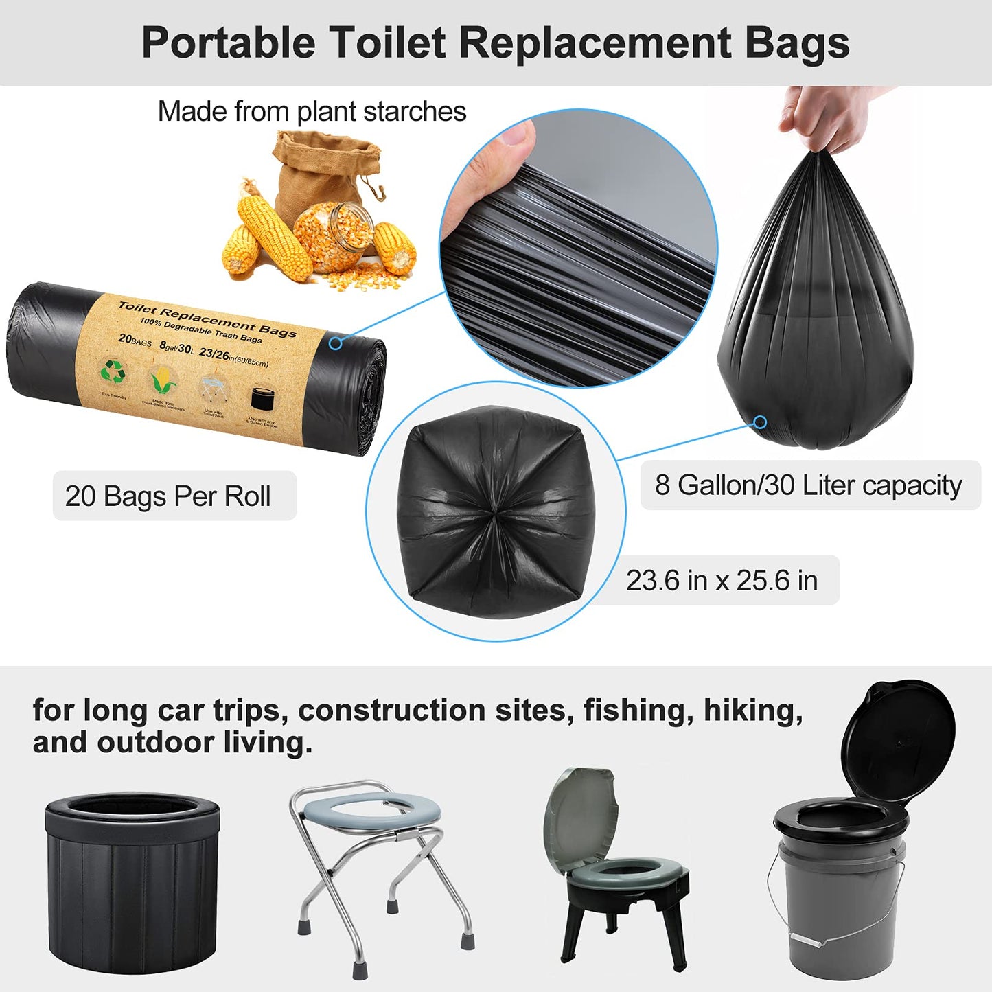BLIKA 40 Count Toilet Replacement Bags, 8 Gallon, 30 Liter, Heavy Duty 1 Mil, Compost Bags 8 Gallon, Camping Toilet Bags for Portable Toilet, Car Travel, Camping, Long Trips