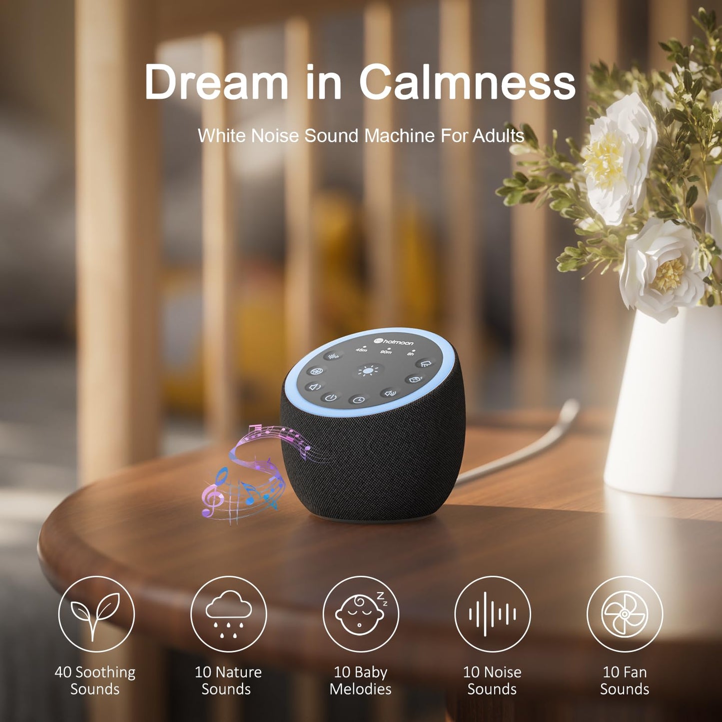 Hotmoon Sound Machine with 40 High-Fidelity Sounds, White Noise Sound Machine with Memory Functions, 8 Color Night Light, USB Power Supply, for Sleep & Noise Reduction Sleep Aid, Plug-in (Iron Black)
