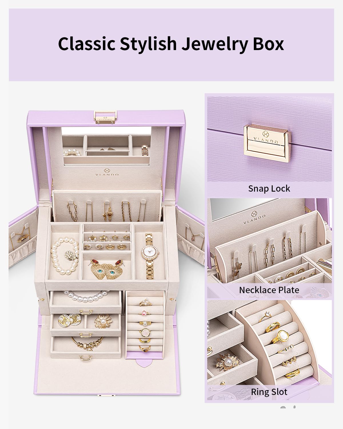 Vlando Jewelry Box Organizer for Girls Women, Large Baroque Jewelry Holder Organizer with Mirror, 3 Drawers for Bracelets, Earrings, Rings, Necklaces, Mothers Day Gifts for Loved One, Purple