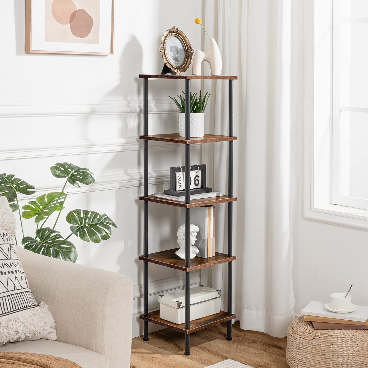 HOOBRO 5-Tier Corner Shelf Stand, Corner Square Rack Display Shelf, Tall Storage Plant Stand, Bookcase for Small Spaces, Living Room, Home Office, Kitchen, Rustic Brown and Black BF50CJ01