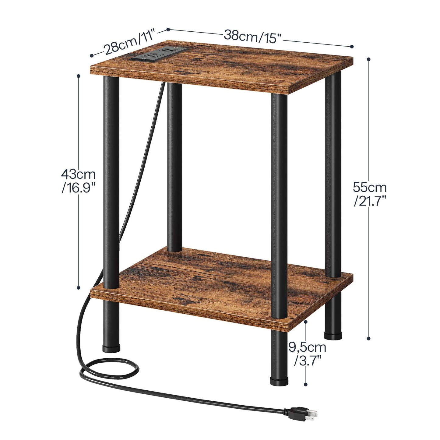 HOOBRO Side Table with Charging Station, End Table with USB Port and Outlet, Nightstand with 2-Layer Storage Shelves for Small Spaces, Living Room, Bedroom, Stable Frame, Rustic Brown BF09UBZ01