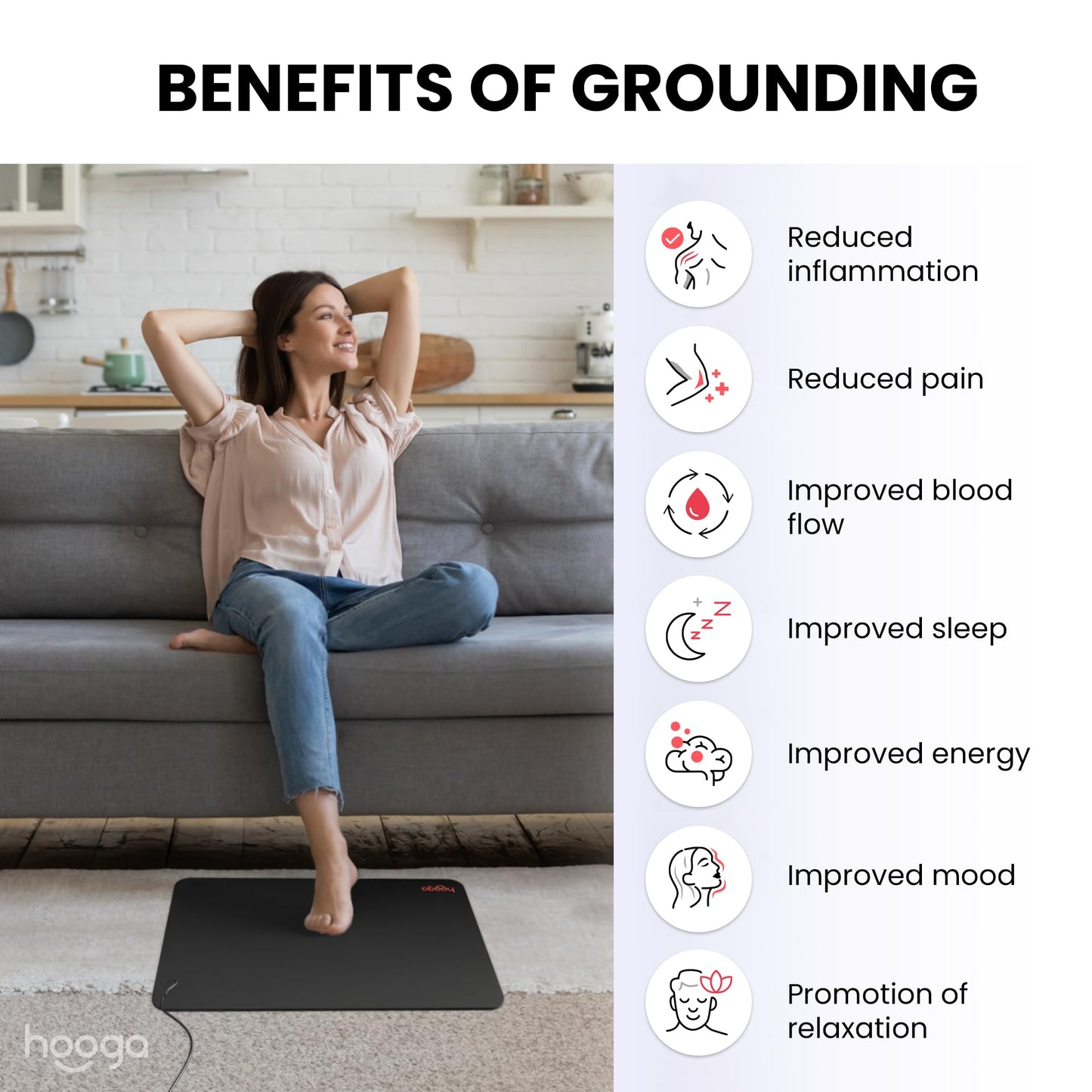 Hooga Grounding Mat for Sleep, Energy, Pain Relief, Inflammation, Balance, Wellness. Earth Connected Indoor Grounding for Home, Office, Work. 15 Foot Cord Included. Conductive Carbon