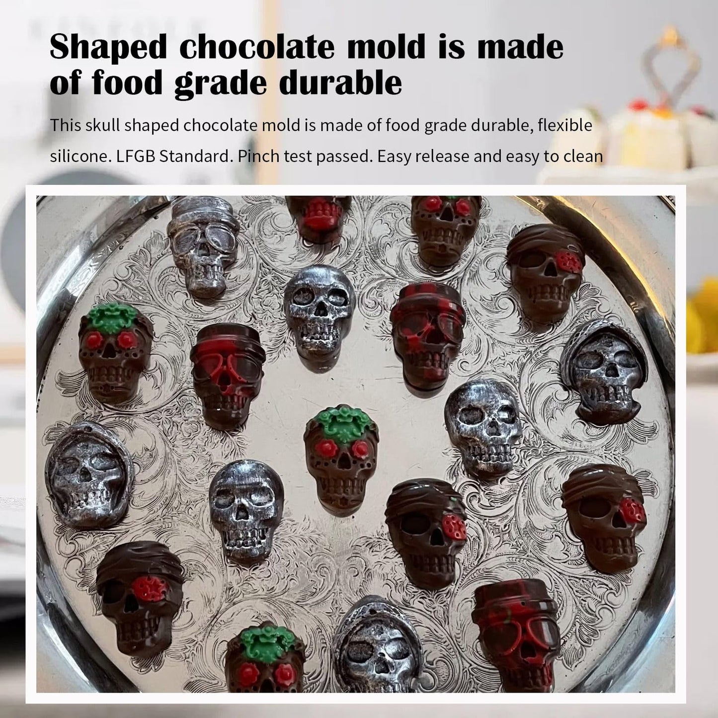 10-Cavity 3D Skull Mold Set,Silicone Ice Cube Mold Maker,for Chilling Whiskey Cocktail Beverages Pudding Chocolate Non-Stick Sugar Mold (3 pcs)