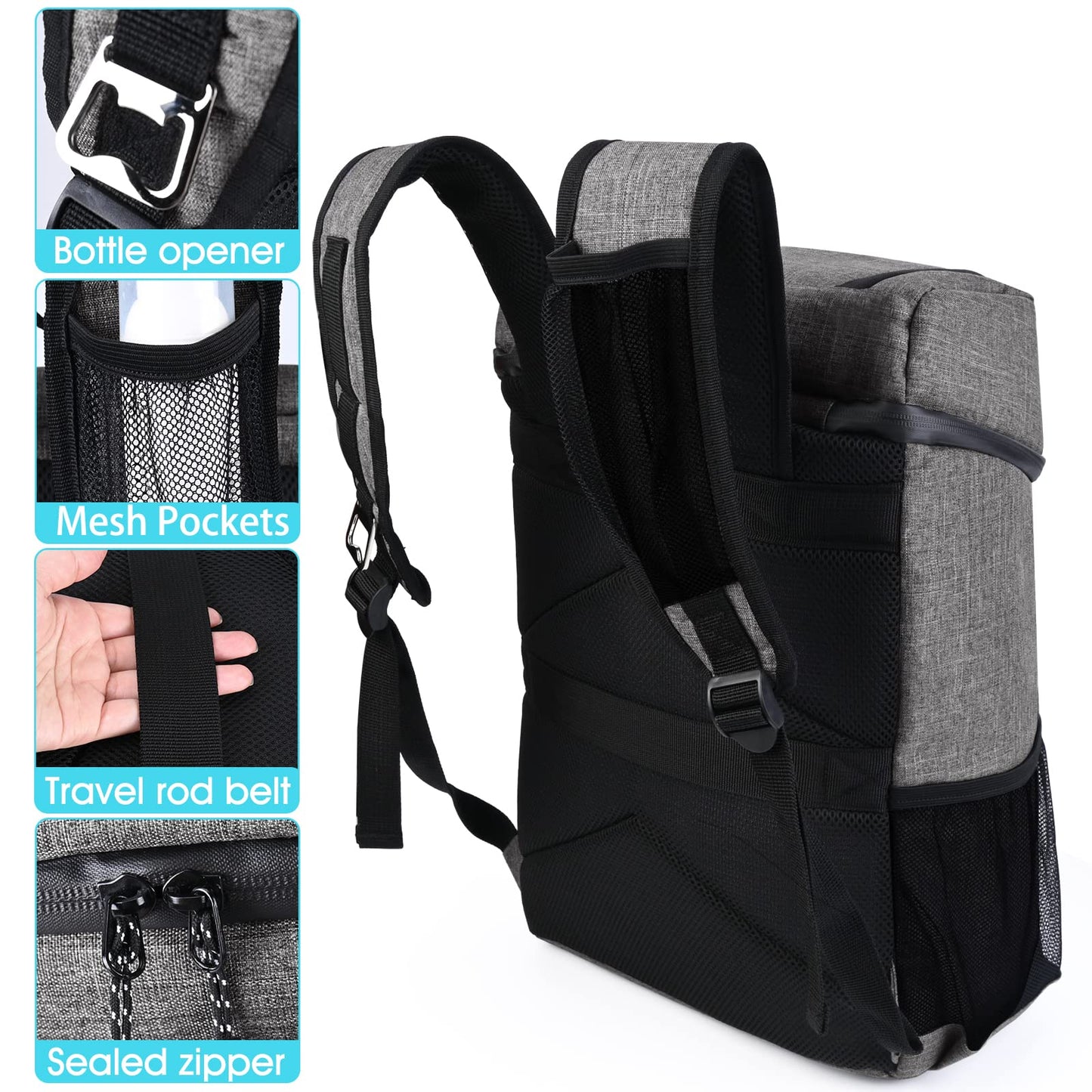 BAGLHER Lightweight Insulated Cooler Backpack - 30 Cans, Leak-Proof for Lunch, Picnic, Hiking, Camping, Beach, Park, Day Trips - Grey