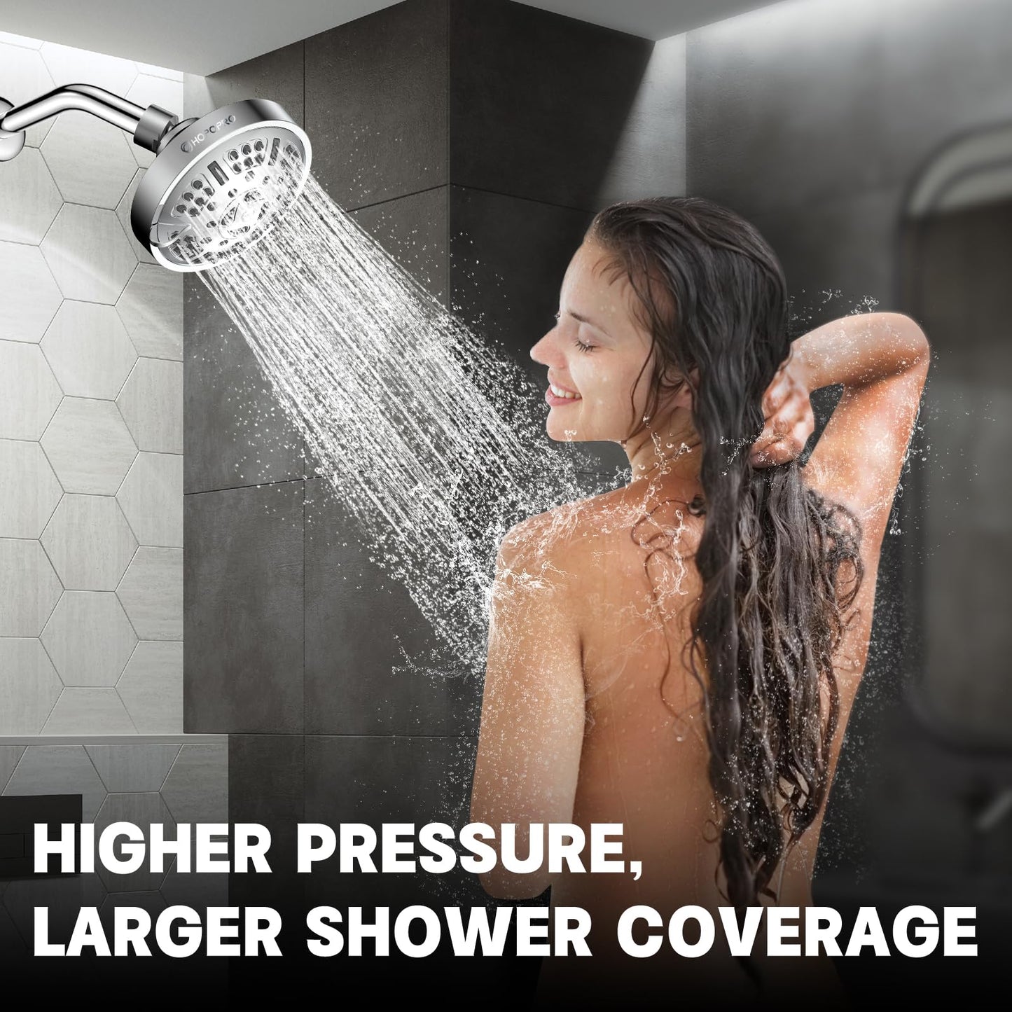 HOPOPRO Upgraded 9 Settings High Pressure Shower Head, NBC News Recommended Brand Fixed Showerhead Adjustable Bathroom Showerhead Multi-functional Rainfall Showerhead for Low Water Flow (Chrome)