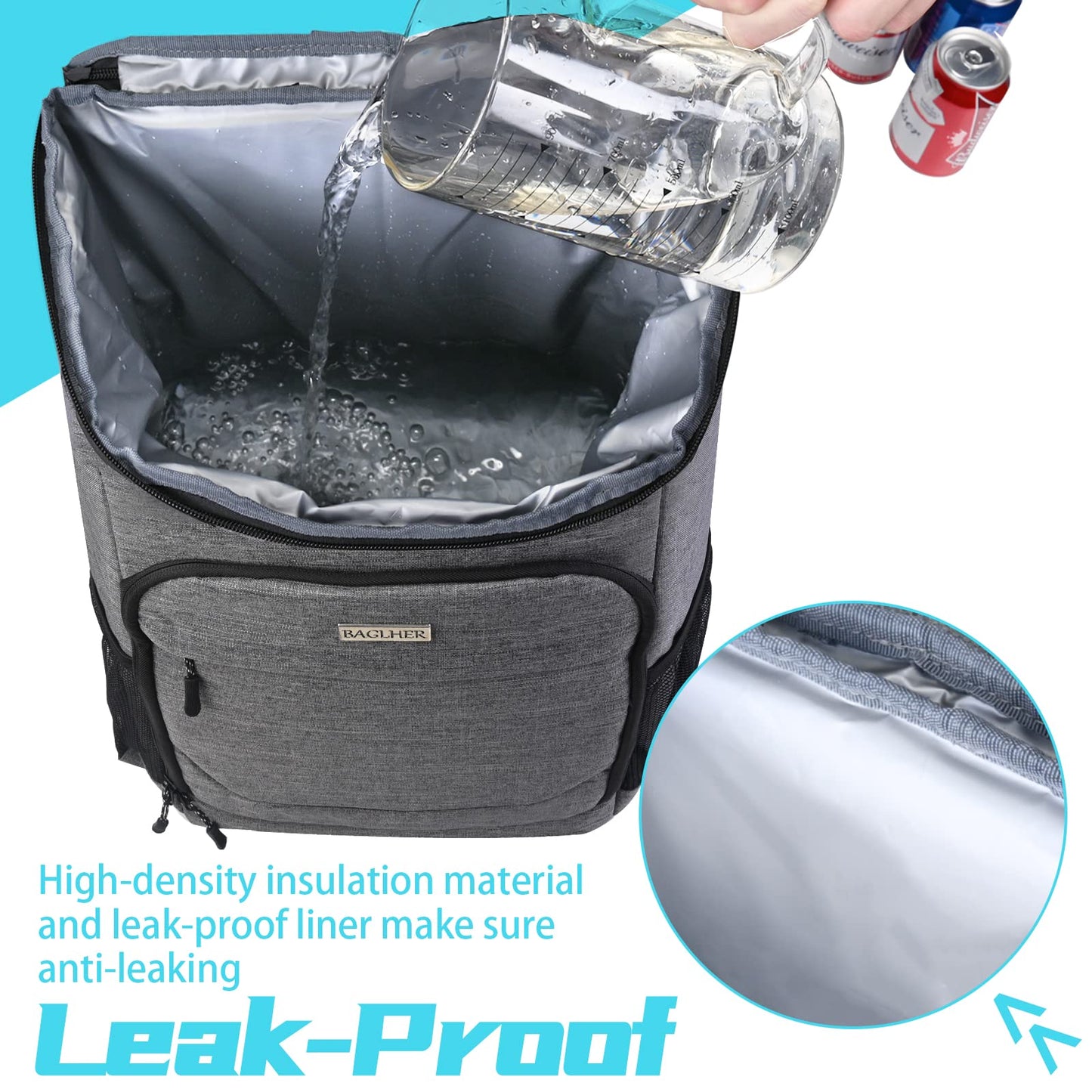 BAGLHER Lightweight Insulated Cooler Backpack - 30 Cans, Leak-Proof for Lunch, Picnic, Hiking, Camping, Beach, Park, Day Trips - Grey
