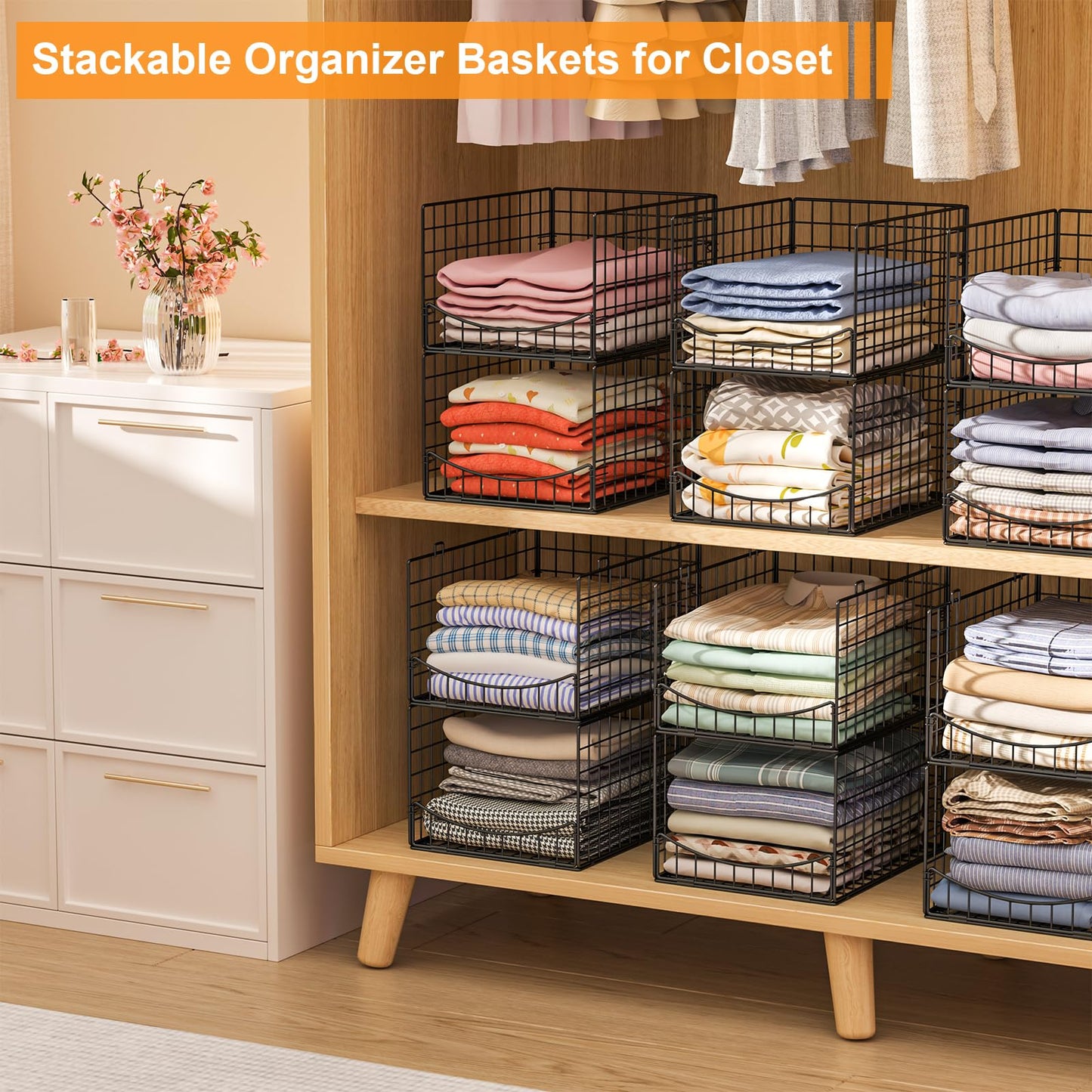 Hongtamoya 4-Tier Stackable Closet Organizers and Storage Shelves, Clothes Storage Basket, Clothes Shelf Organizer Sweater Organizer Bins Container for Wardrobe Kitchen Bathroom Office, Black