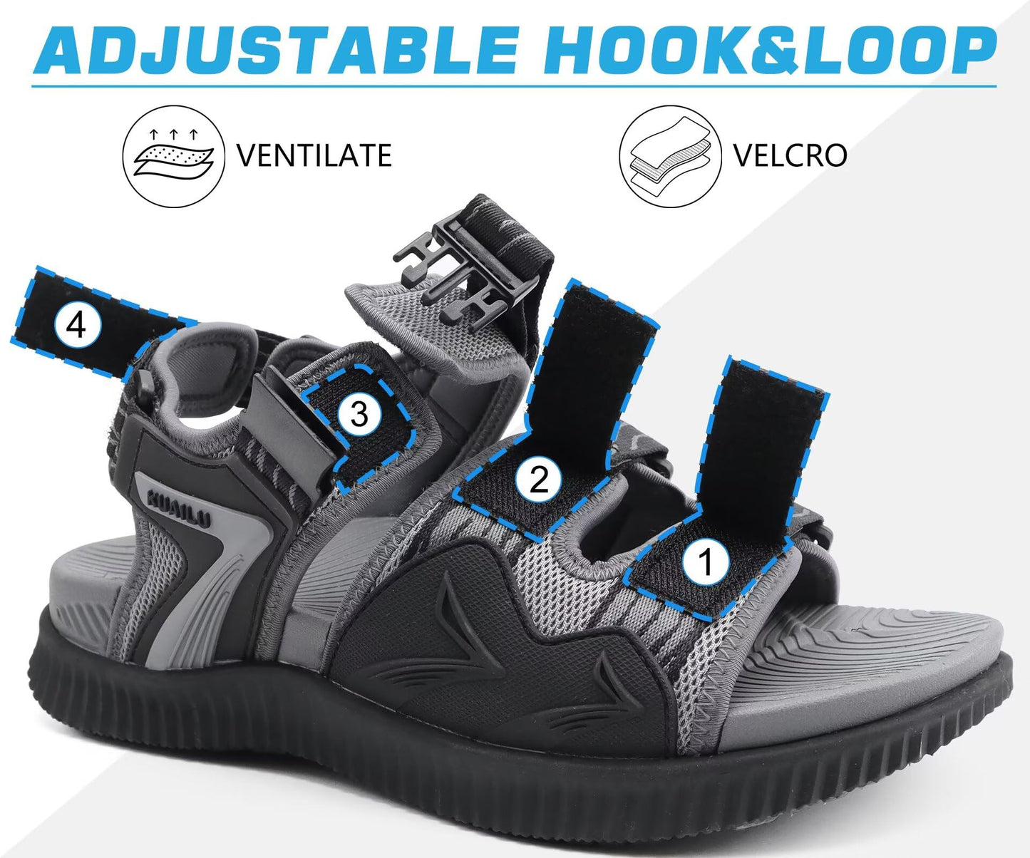 KuaiLu Mens Arch Support Hiking Sandals Orthopedic Athletic Sport Recovery Walking Cushion Sandals Open Toe Summer Beach Travel Sandles Plantar Fasciitis Water Outdoor Sandalias BlackGrey 10.5