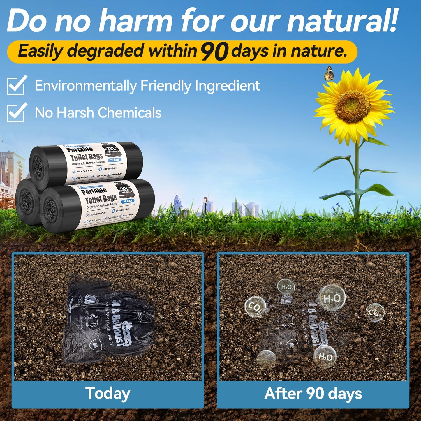 Poesie Absorbent Gel Toilet Bags Set, 8 Gallon Compostable Portable Toilet Bags with Camping Gel, Camping Toilet Bags and Gel Set for RV, Hiking, Emergency 20 Gels and 20 Bags