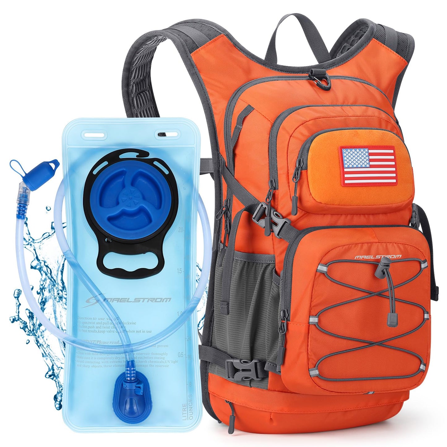 Maelstrom Hydration Hiking Backpack with 2L/3L Water Bladder, High Flow Bite Valve Camping Daypack Lightweight (2.Orange, 2L Bladder)