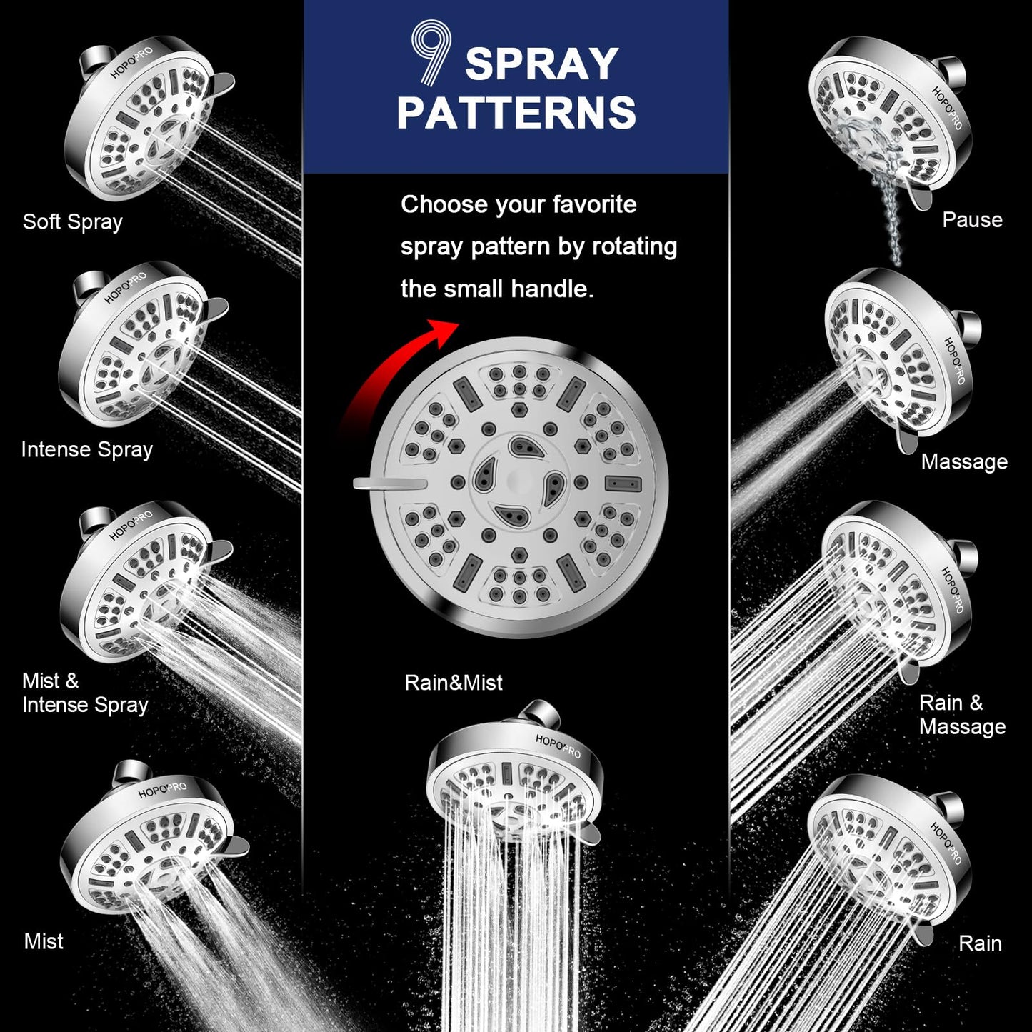 HOPOPRO Upgraded 9 Settings High Pressure Shower Head, NBC News Recommended Brand Fixed Showerhead Adjustable Bathroom Showerhead Multi-functional Rainfall Showerhead for Low Water Flow (Chrome)