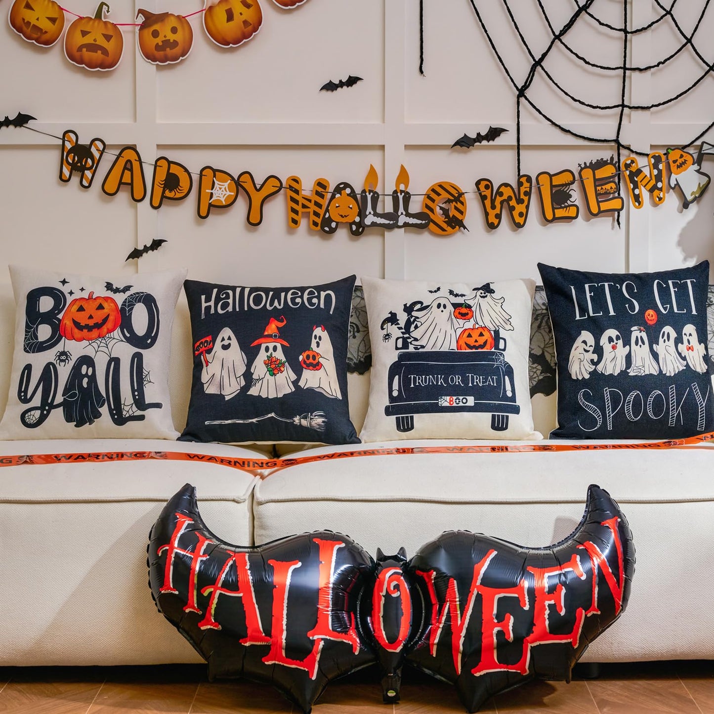 Hongsome Ghost Halloween Decor-Throw Pillow Covers 18x18 in Set of 4,Spooky Gothic Linen Pillow Case for Couch Fall Christmas Holiday Outdoor Burnt Orange Black White Decorations