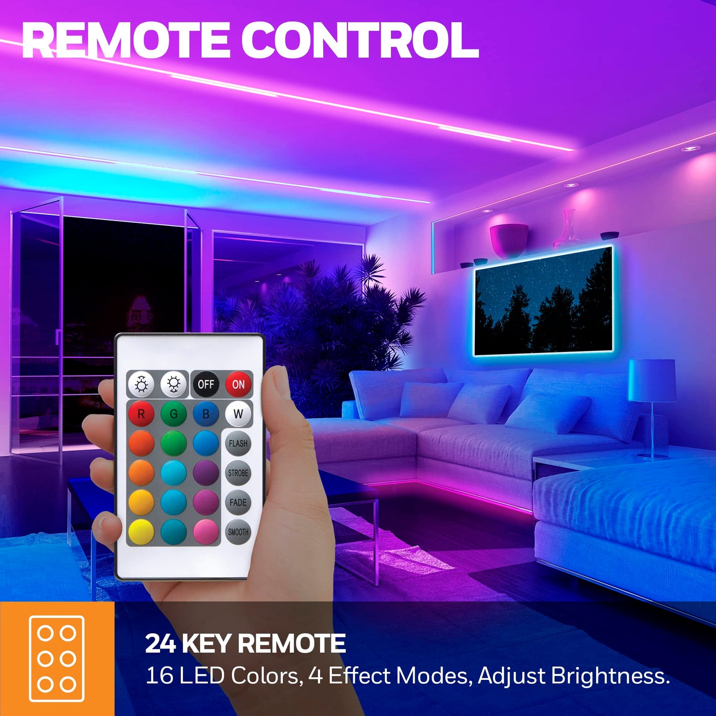 Honeywell 16.4ft Indoor LED Strip Light - Color Changing RGB, Motion Activated with Remote Control - for Bedroom, Kitchen, Dorm, Game Room, Cabinets, Etc - Wall Plug 12 Volt No Battery