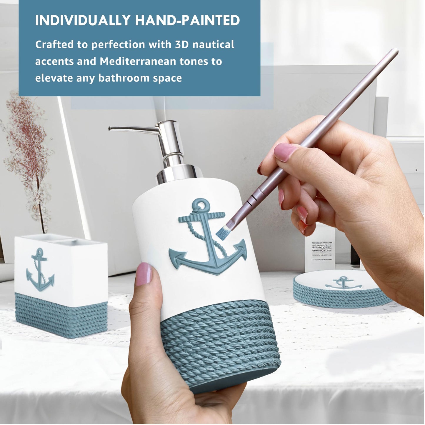 TideAndTales Luxury Nautical Bathroom Accessories Set (4 Piece) Rope and Anchor Beach Bathroom Decor with Ocean and Sea Theme Design, Countertop Coastal Soap Dispenser Set