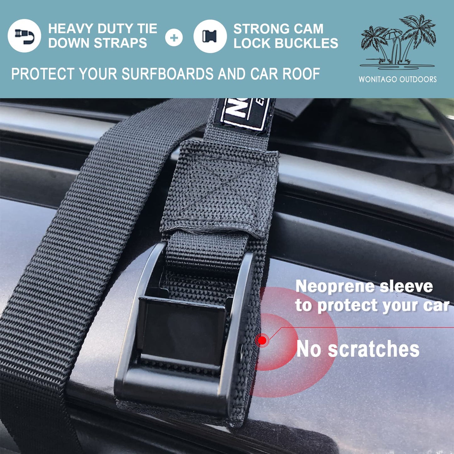 WONITAGO Soft Roof Rack Pads with Single Wrap-Rax Straps for Surfboard, SUP Paddleboard, Snowboard, 28 inch (Pair) Black