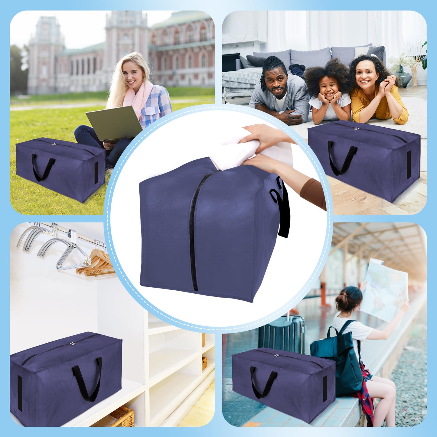 HOMESURE 4 Pack Large Strong Moving Bags with Zippers & Carrying Handles - Water-Resistant - Heavy Duty Storage Tote for Space Saving, Fold Flat, Alternative to Moving Box (Blue)