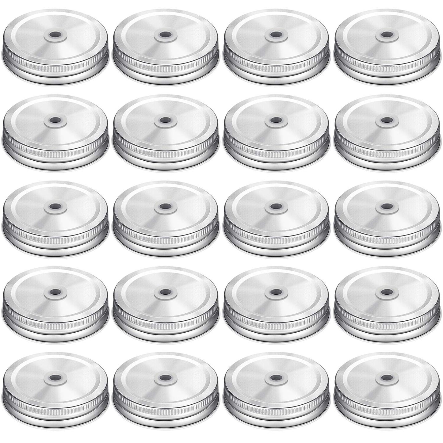 Honoson 20 Pcs Regular Mouth Mason Jar Straw Lids 2.7 Inch Metal Stainless Steel Mason Jar Drinking Lids with Straw Hole Leak Proof for Baby Shower DIY Gift(Silver)