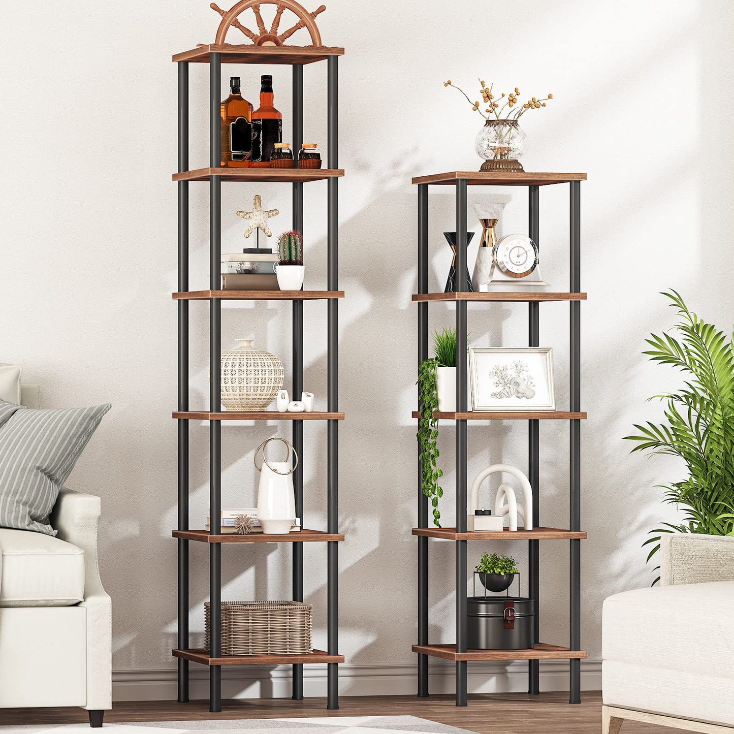 HOOBRO 5-Tier Corner Shelf Stand, Corner Square Rack Display Shelf, Tall Storage Plant Stand, Bookcase for Small Spaces, Living Room, Home Office, Kitchen, Rustic Brown and Black BF50CJ01