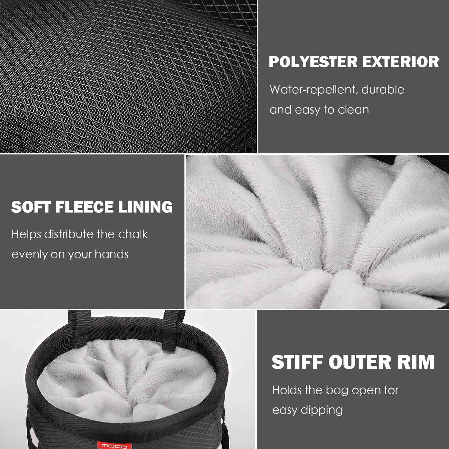 MoKo Chalk Bag, Drawstring Rock Climbing Bag Bouldering Chalk Pot Bucket with Adjustable Belt & Zippered Pockets and Carabiner for Rock Climbing Weight Lifting Gymnastics Crossfit - Black