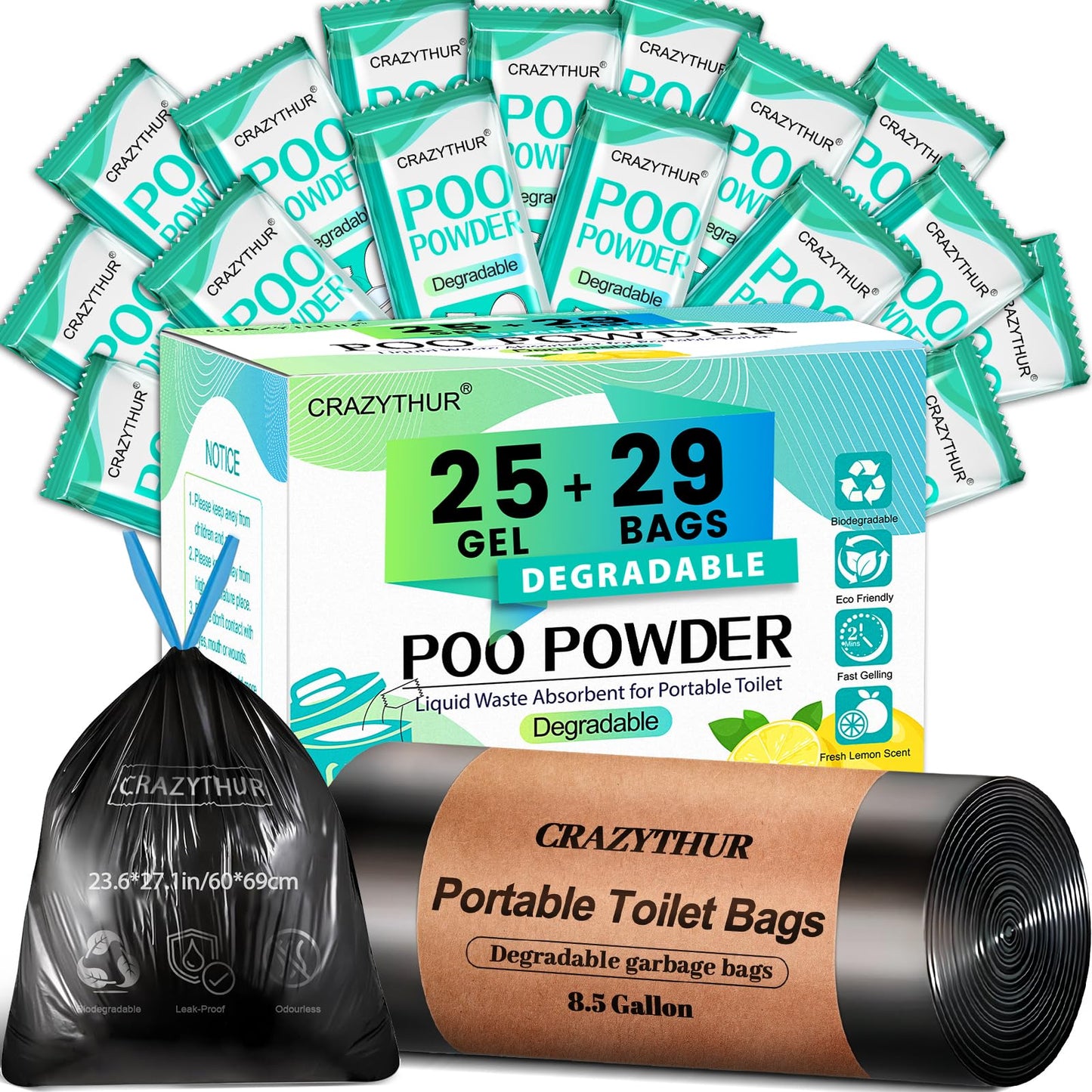 CRAZYTHUR 29PCS Portable Toilet Bags with 25PCS for Poo Powder Set, 8.5 Gallon Camping Toilet Bag Portable Toilets Absorbent Power, Camping Potty Bags for Outdoor Hiking Emergency Toilets