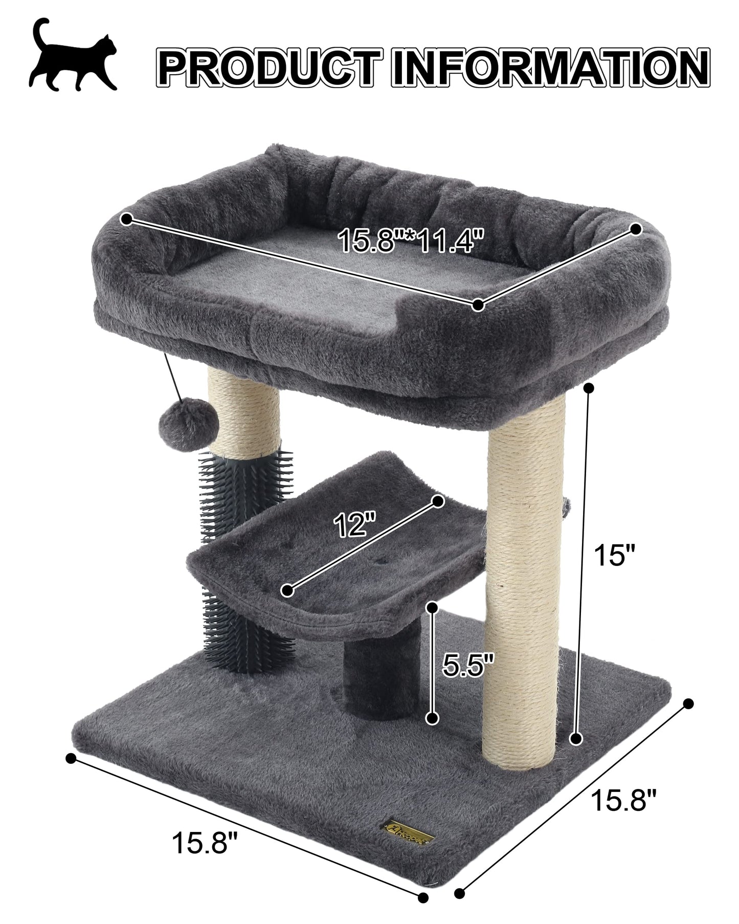 Hoopet 20-Inch Cat Tree Tower, Small Cat Scratching Post for Indoor Cats and Kittens, Sisal Cat Scratcher with Plush Bed Perch, Self Groomer and Hanging Toy Ball, Smoky Grey
