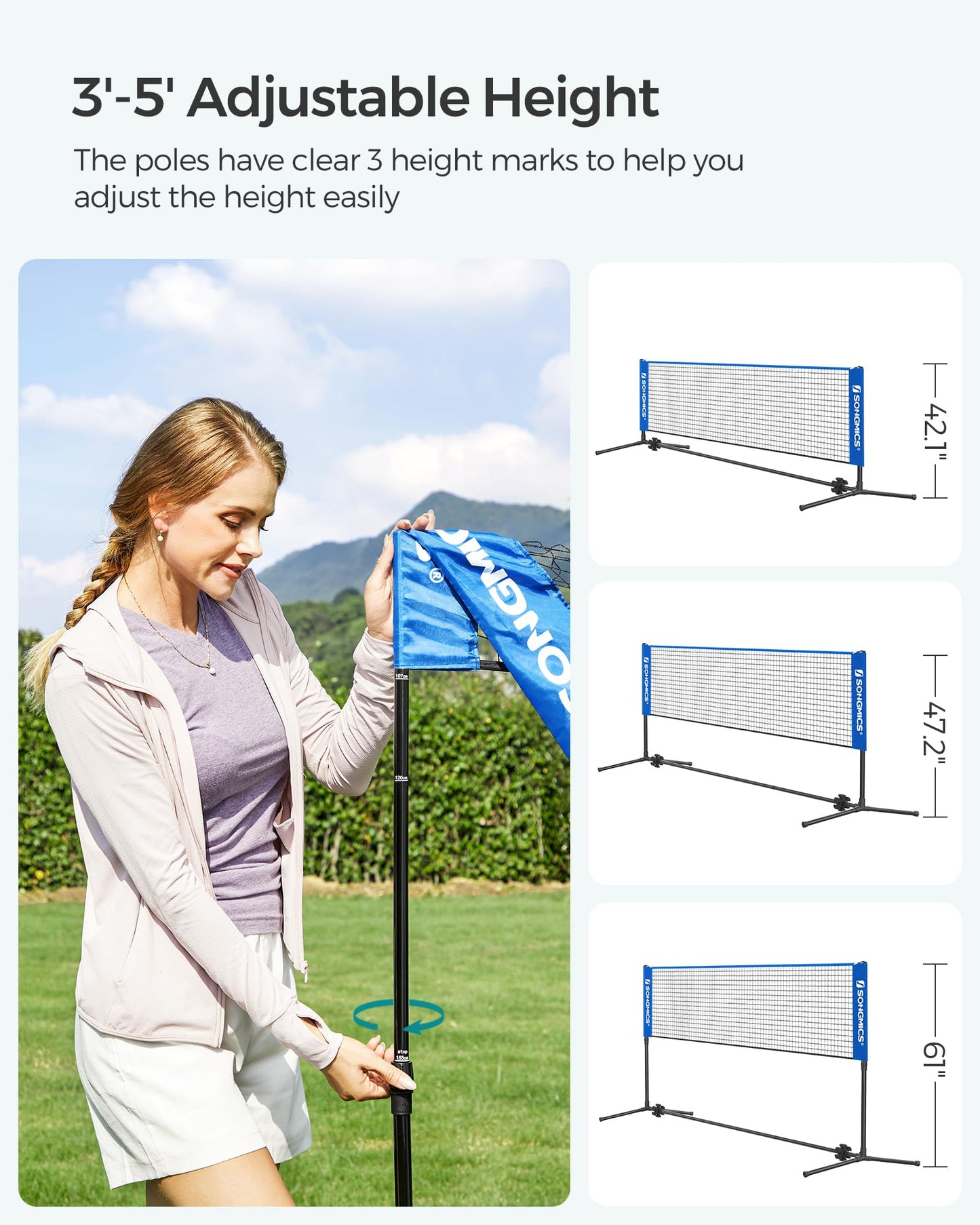 SONGMICS 13 ft Badminton Net, Height Adjustable Volleyball Net, Pickleball Net with Poles, Foldable Nylon Net for Tennis Indoor Outdoor Court, Blue Black USYQ400