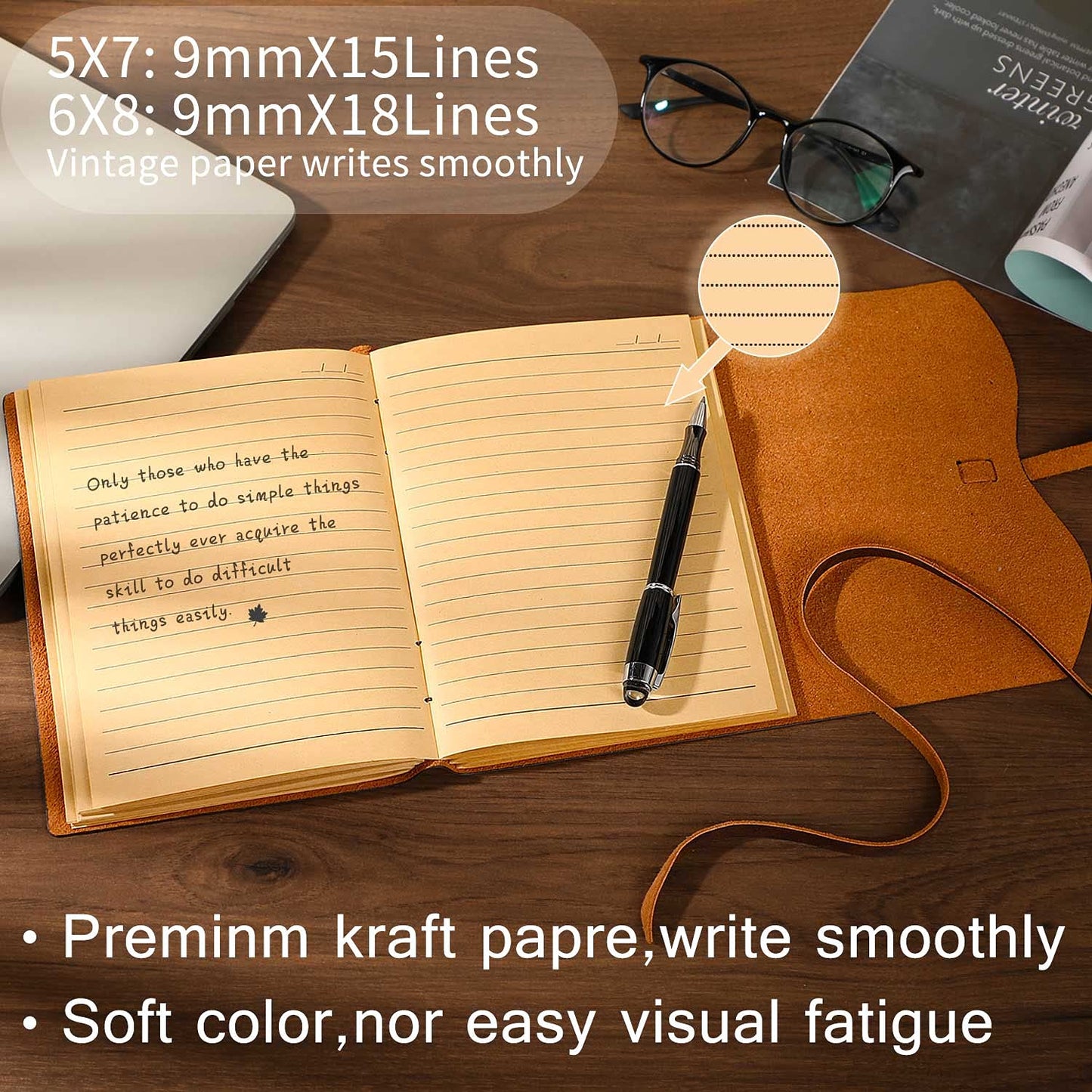 Hotcinfin Leather Bound Journal for Men/Women, Rustic Vintage Handmade Large Writing Notebook with 240 Kraft Lined Pages(6x8 inches), Business/Travel Daily Notepad Sketchbook Gift - Brown