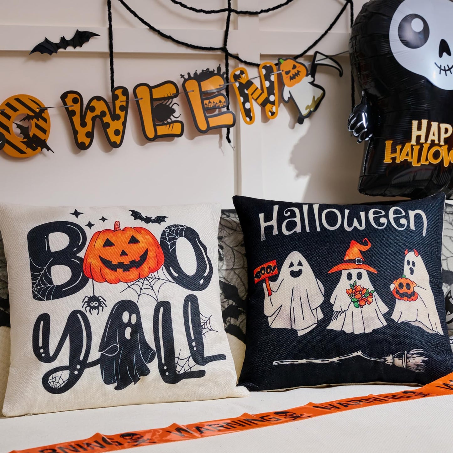 Hongsome Ghost Halloween Decor-Throw Pillow Covers 18x18 in Set of 4,Spooky Gothic Linen Pillow Case for Couch Fall Christmas Holiday Outdoor Burnt Orange Black White Decorations