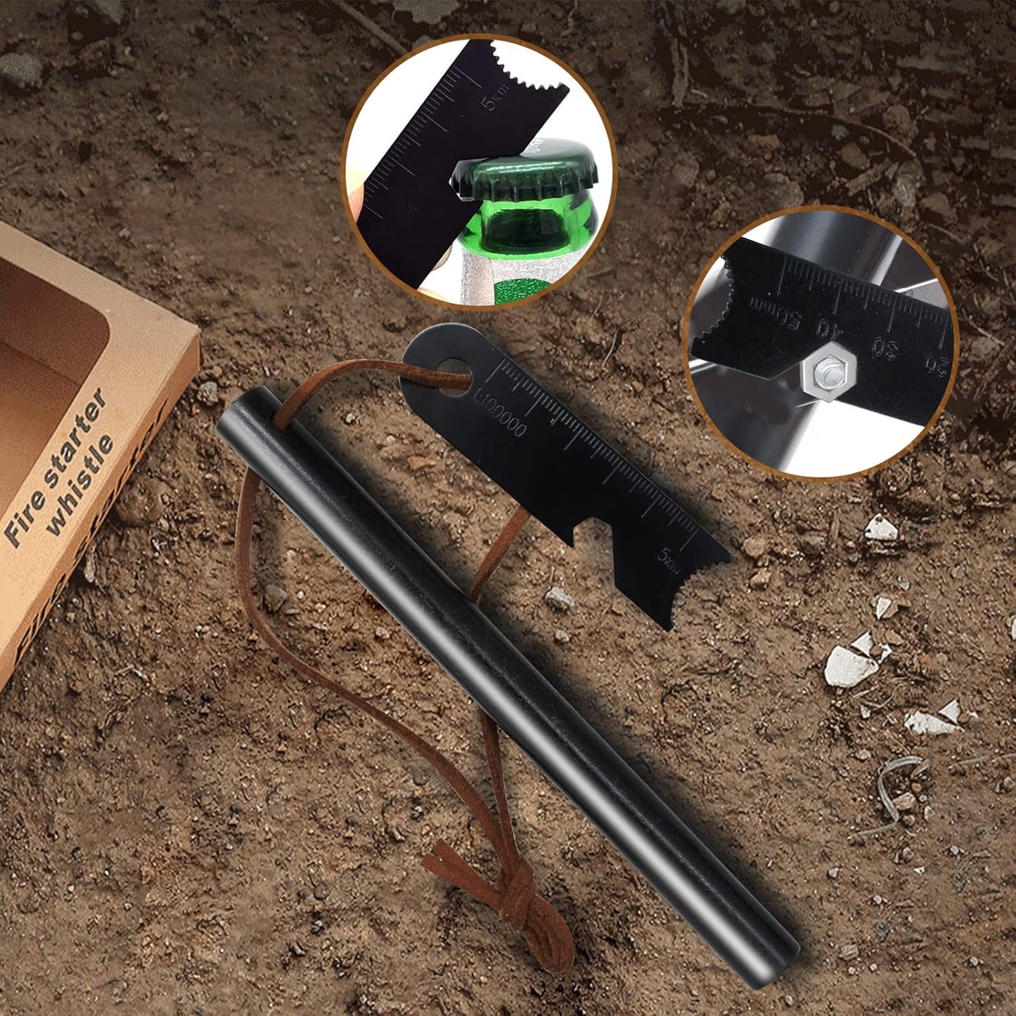 BCHARYA Fire Starter Survival Tool, Ferro Rod Kit with Leather Neck Lanyard and Multi-Tool Striker, Flint and Steel Survival Igniter with Tinder Rope and Tab for Camping, Hiking and Emergency