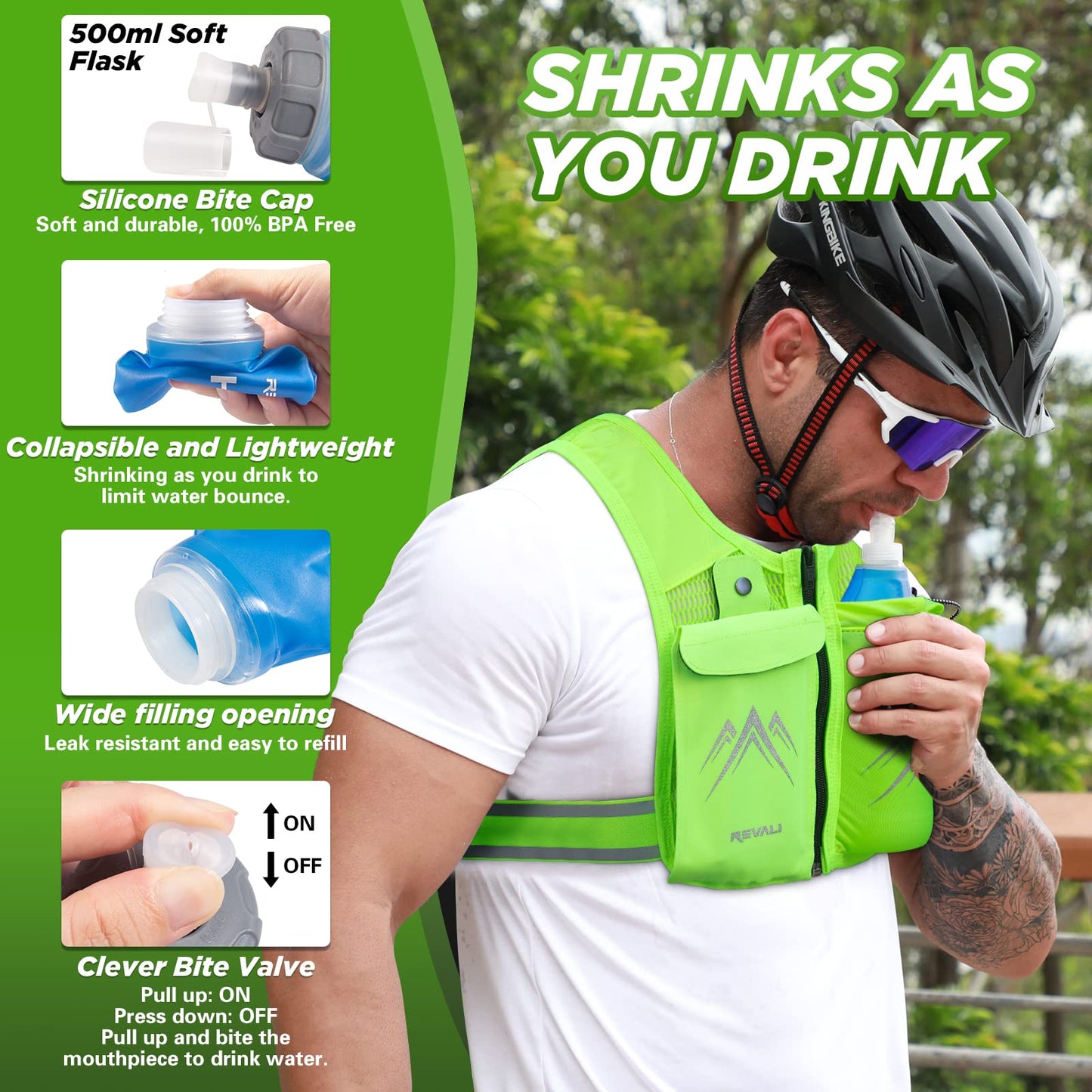 REVALI Running Vest, USA Original Patent, Zip Reflective Running Vests with 500ml Hydration Bottle, Adjustable Waistband & Breathable Material, Chest Pack Gear Phone Holder for Running, Men & Women