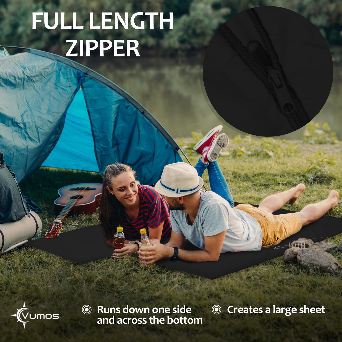 Vumos Sleeping Bag Liner and Camping Sheet - Silk Like Material for Travel - Has Full Length Zipper - Black