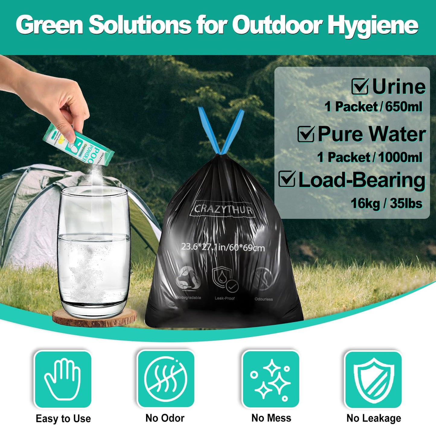 CRAZYTHUR 29PCS Portable Toilet Bags with 25PCS for Poo Powder Set, 8.5 Gallon Camping Toilet Bag Portable Toilets Absorbent Power, Camping Potty Bags for Outdoor Hiking Emergency Toilets