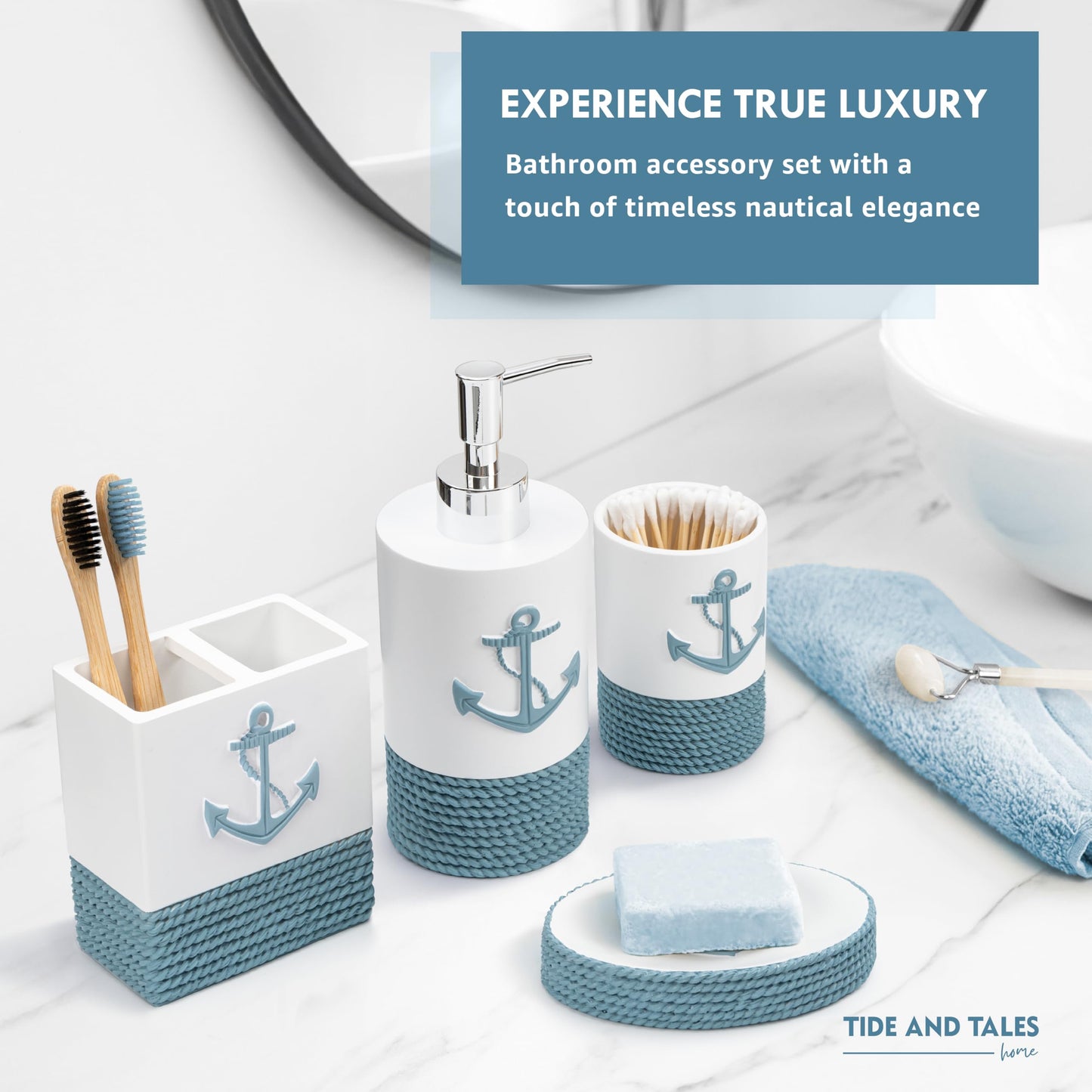 TideAndTales Luxury Nautical Bathroom Accessories Set (4 Piece) Rope and Anchor Beach Bathroom Decor with Ocean and Sea Theme Design, Countertop Coastal Soap Dispenser Set
