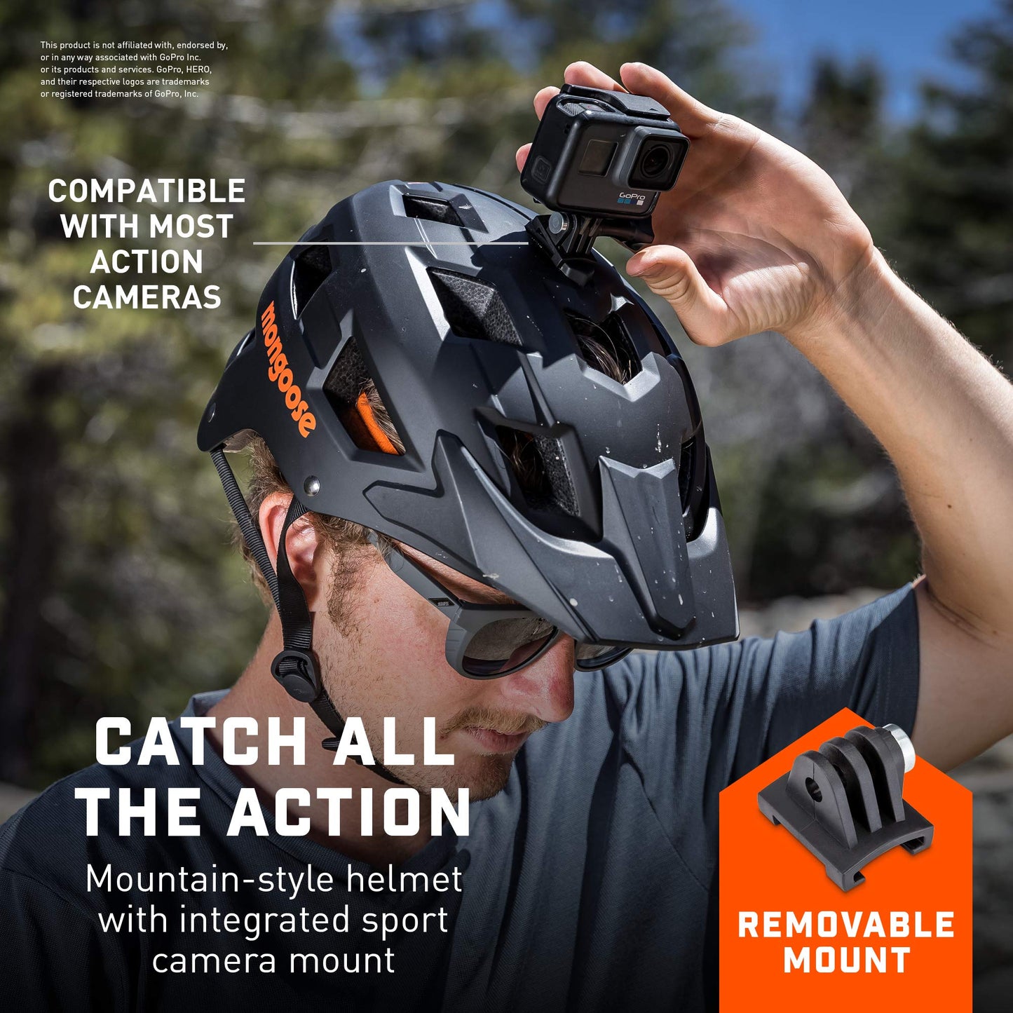 Mongoose Capture Adult Bike Helmet, Ages 14+, Built-in Camera Mount, Durable ABS Shell, Vents for Airflow, Adjustable Fit, Full-Range Internal Pads, Go-Pro Compatible, Helmet for Adults