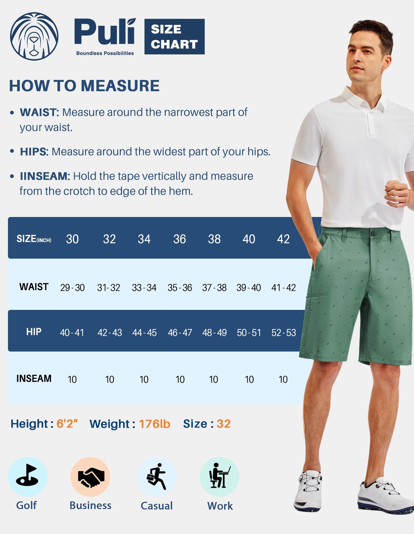 PULI Men's 10 Inseam Golf Shorts Stretch Casual Quick Dry with Pockets for Hiking Outdoor Adventure Light Beige 38