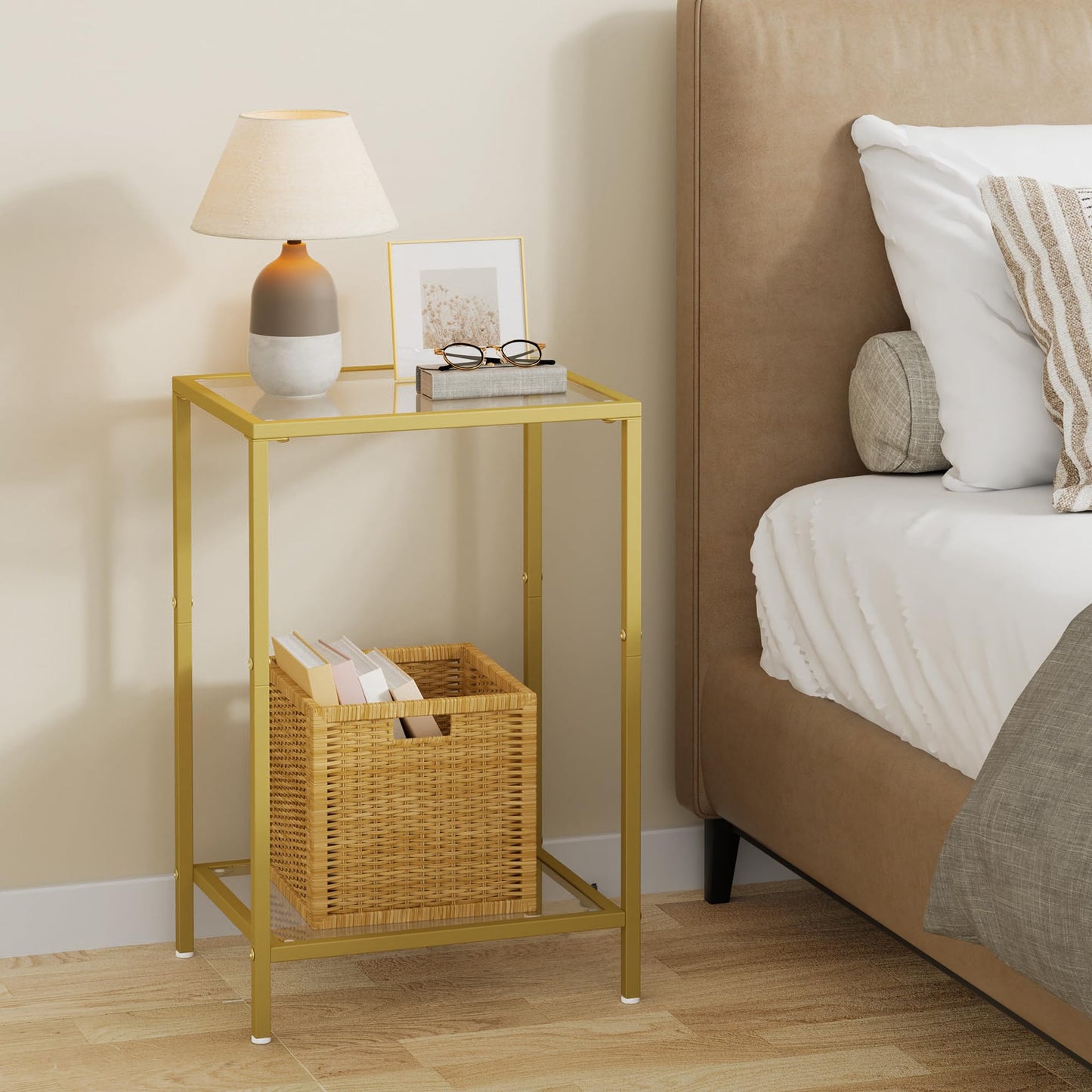 HOMSHO Side Tables Set of 2, End Tables with Tempered Glass, 2-Tier Nightstands with Storage Shelves, Coffee Table with Modern Style, Slim Sofa Table for Living Room, Bedroom, 11.8" D x 15" W, Golden